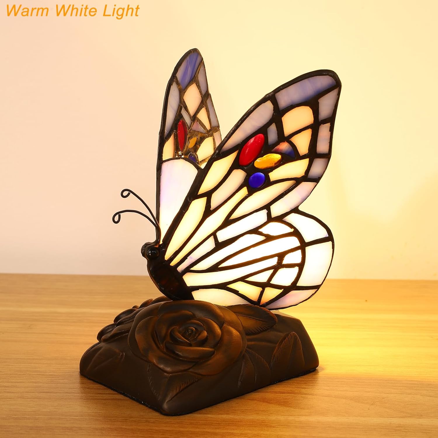 Tiffany Mini Table Lamp Blue Butterfly Stained Glass Cute Night Lights Hand-made 3 Color-temperature Table Lamps For Bedroom Bedside Nightstand Desk Lamps Christams Gifts (3X4X6.5inch) W/ LED Bulb