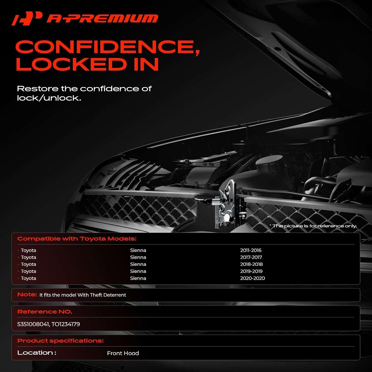 A-Premium Hood Latch Lock Compatible with Toyota Sienna 2011-2020, Front Hood Lock Engine Bonnet Latch Assembly