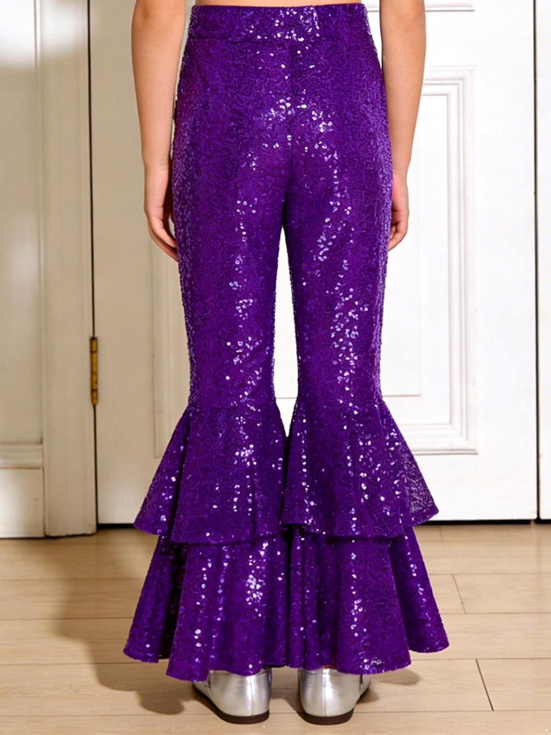 Jelory Flared Long Pants with Sequins for Girls Elastic Waist Dance Party and Performance Trousers
