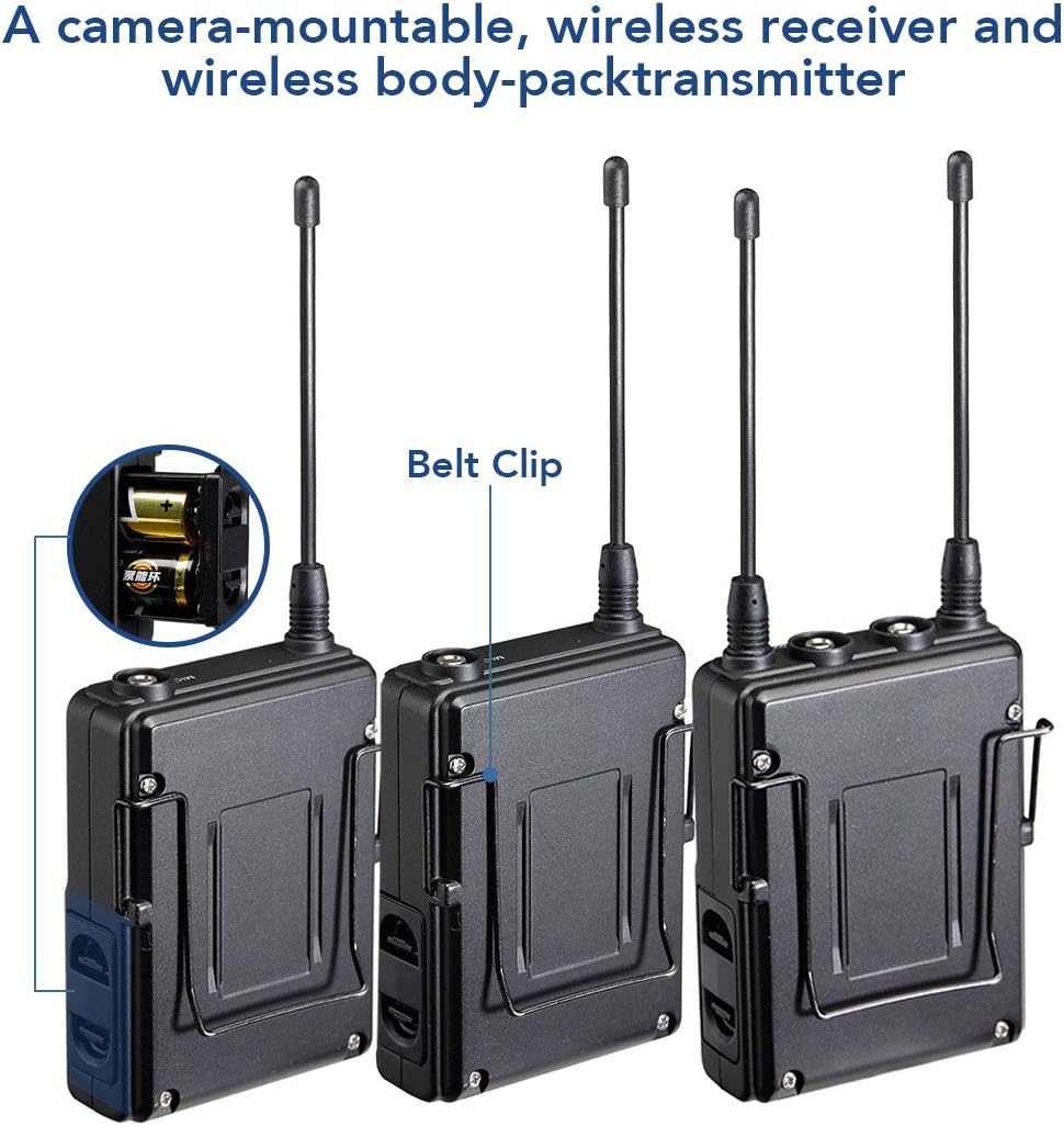 Three Saramonic bodypack units shown from the back, highlighting the belt clip and the battery compartment. The battery compartment is open on one unit, showing two AA batteries inside.