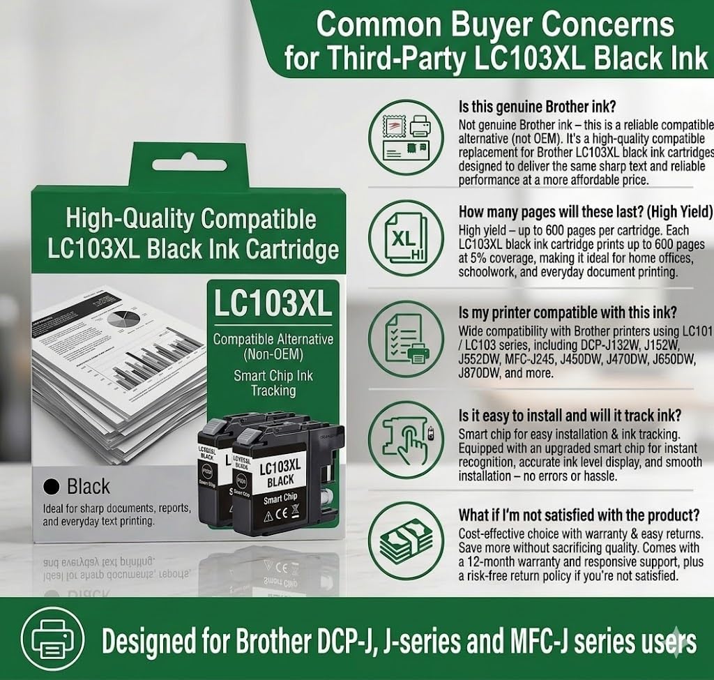 LC103BK LC103XL Black Ink Cartridges 2 Pack Compatible with Brother LC103 LC101 High Yield Replacement for MFC-J6520DW MFC-J6920DW MFC-J870DW MFC-J475DW MFC-J245 DCP-J132W DCP-J152W Printer