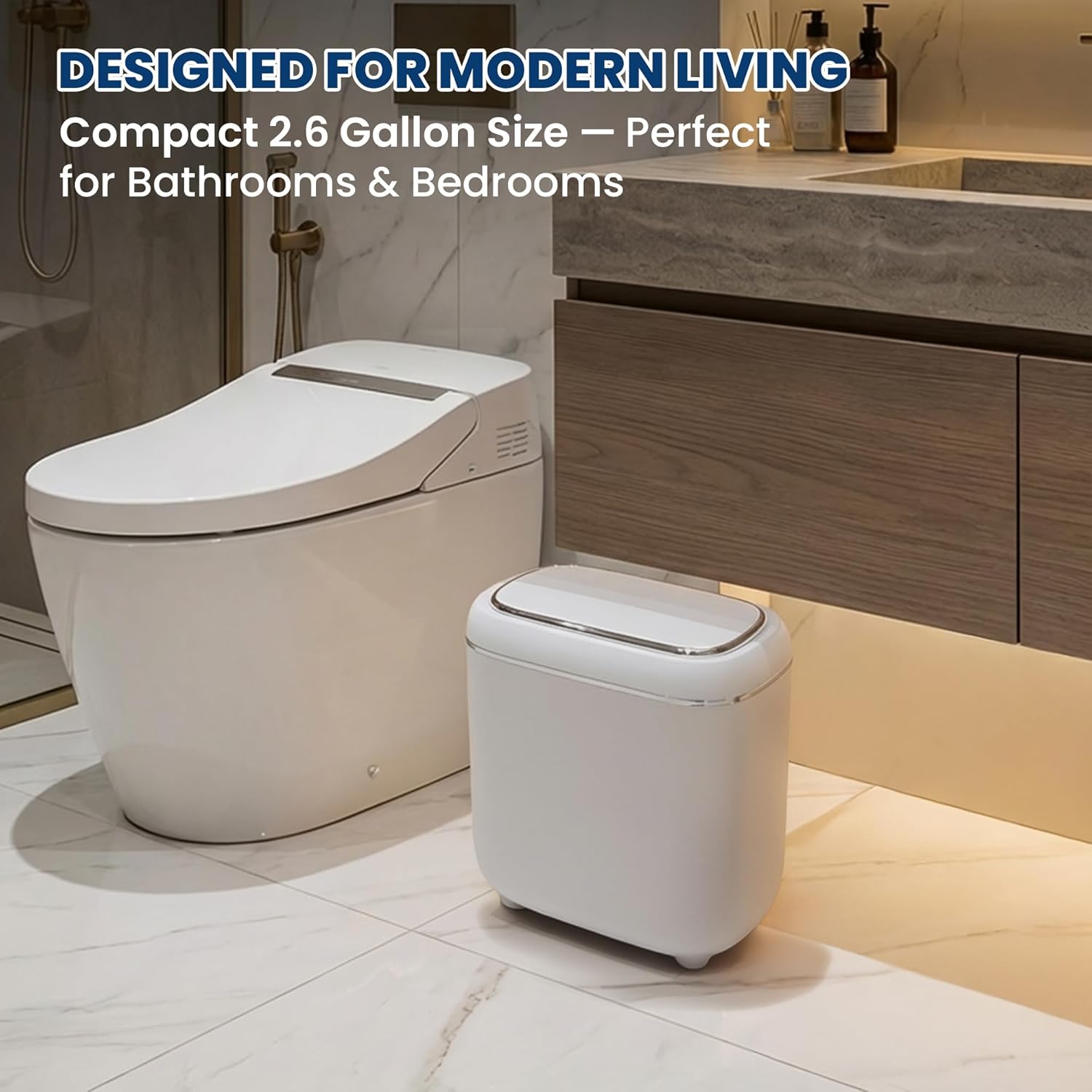 Motion Sensor Trash Can, Automatic Touchless Trash bin, 2.6 Gallon for Bathroom, Bedroom & Office - Waterproof, Quiet Close, White