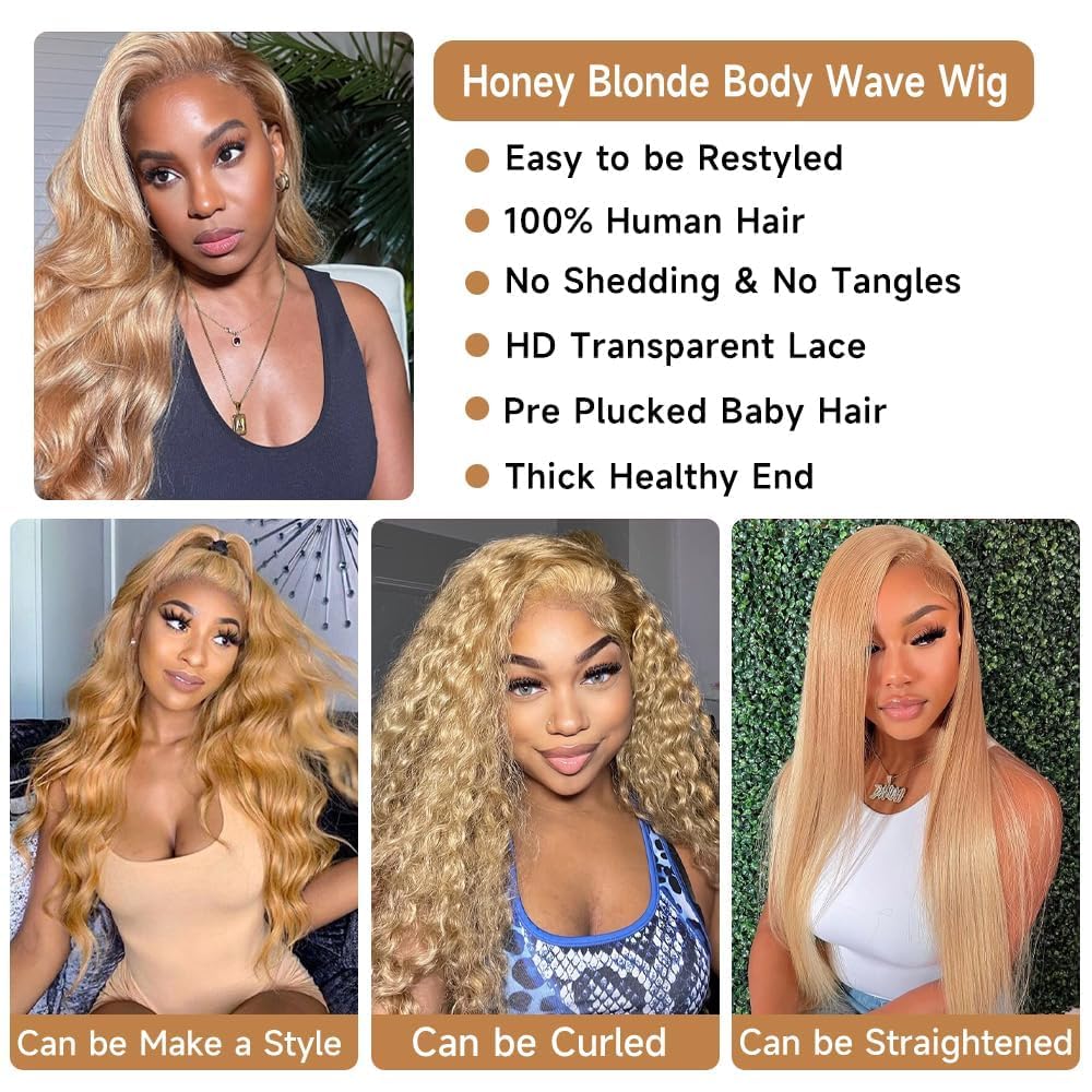 13x6 Honey Blonde Lace Front Wig Human Hai Blonde Lace Frontal Wigs For Women Human Hair Pre Plucked 27# Colored 180% Density Body Wave HD Lace Frontal Wigs Human Hair (26inch)
