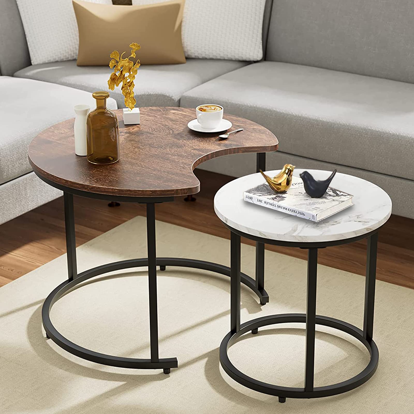 Coffee Nesting Side Table Set of 2, Creative Moon Nesting Table Set