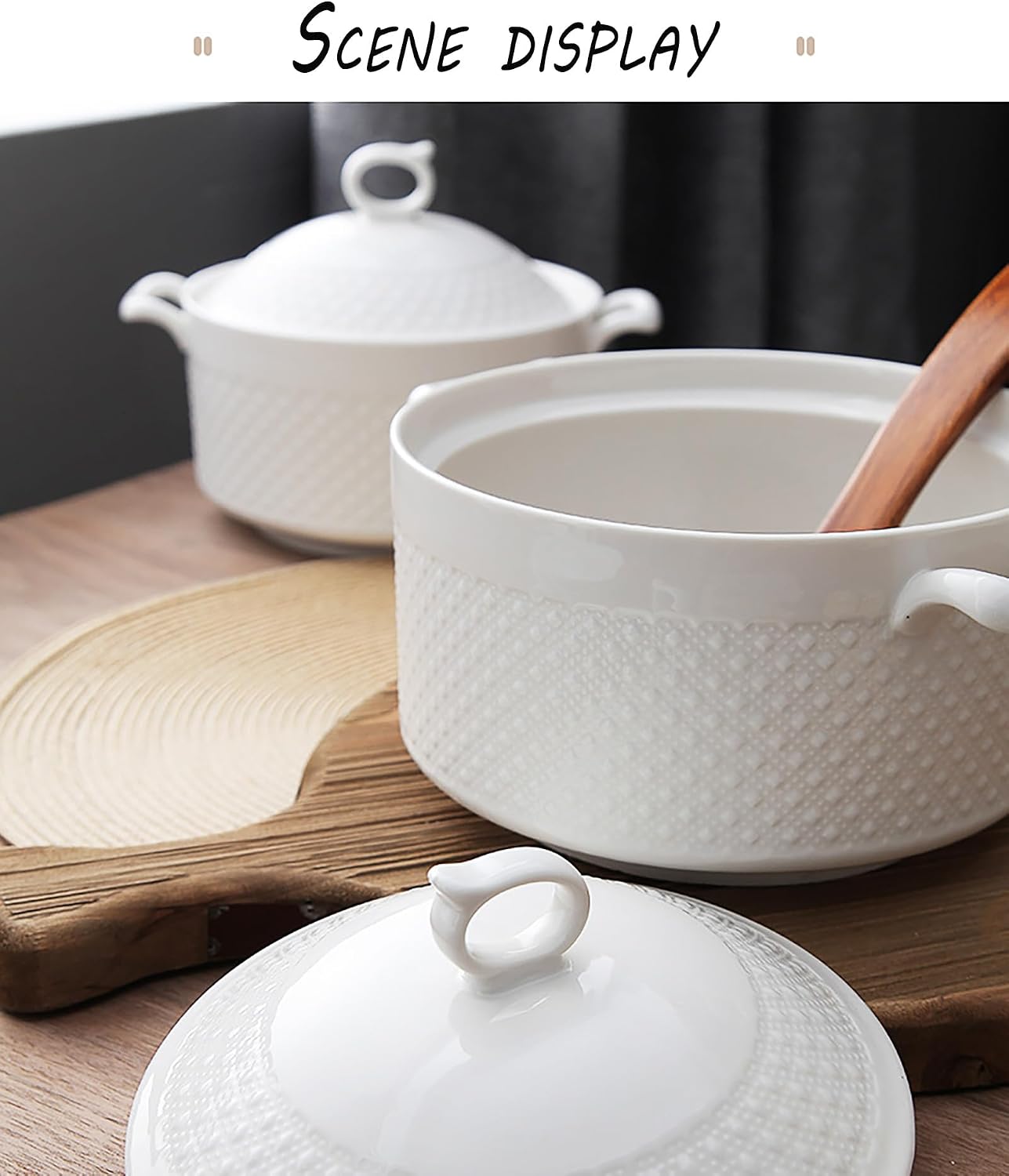 Soup Serving Tureen with Lid and Ladle SetTCeramic Soup Pot,Large Capacity Serving Bowl with Lid and Handles for Salad Pasta Noodles Stew, Microwave and Dishwasher Safe Home Kitchen Decoration