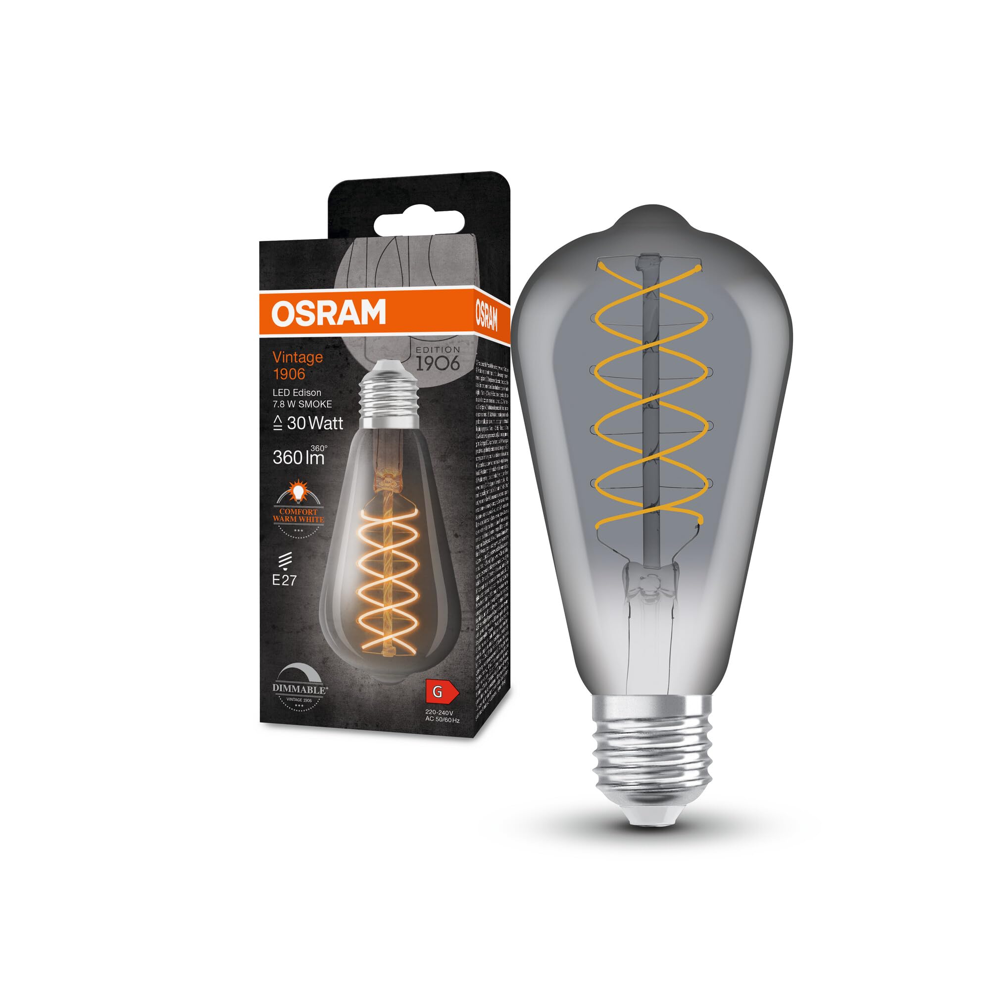 OSRAM Vintage 1906 Led Lamp with Smoke Tint, 7.8W, 360Lm, Edison Form with 64Mm Diameter and E27 Socket, Warm White Light Color, Spiral Filament, Dimmable, Up to 15,000 Hours of Lifespan