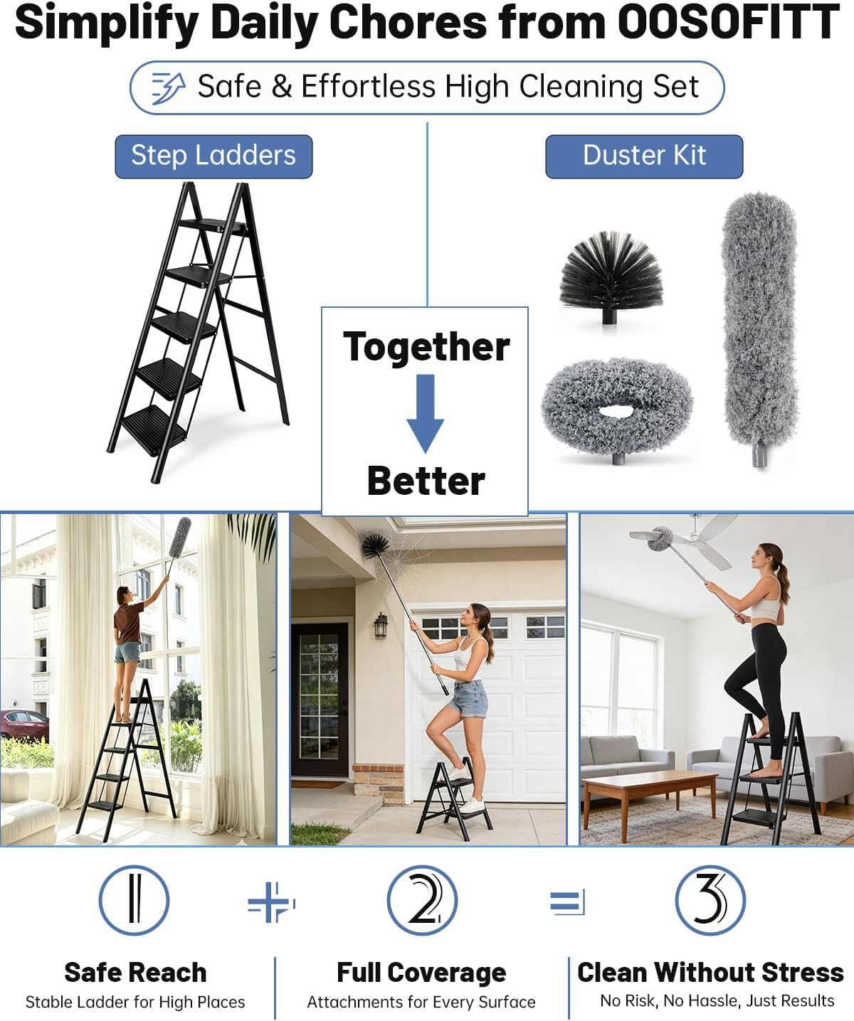 Practical 3 in 1 Dusters Kit for Cleaning, Efficient Duster with Extension Pole, Upgraded High Ceiling Fan Cleaner Duster, Easy Washable Spider Cobweb Brush Duster for Blinds/Wall/Tight Spaces