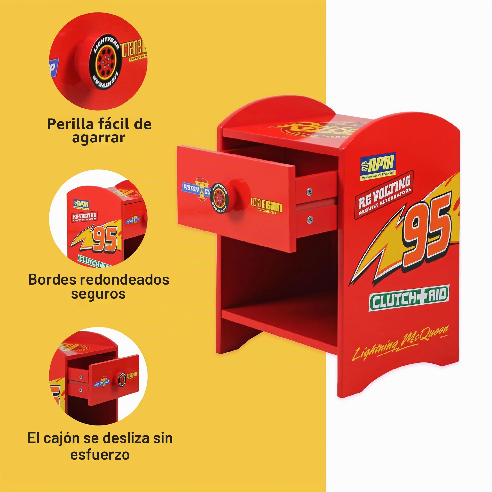 Disney Cars Rayo McQueen Mesita de noche de madera resistente, diseño de 2 niveles, gran almacenamiento, pequeña mesa auxiliar con cajón y estante de almacenamiento, para dormitorio infantil