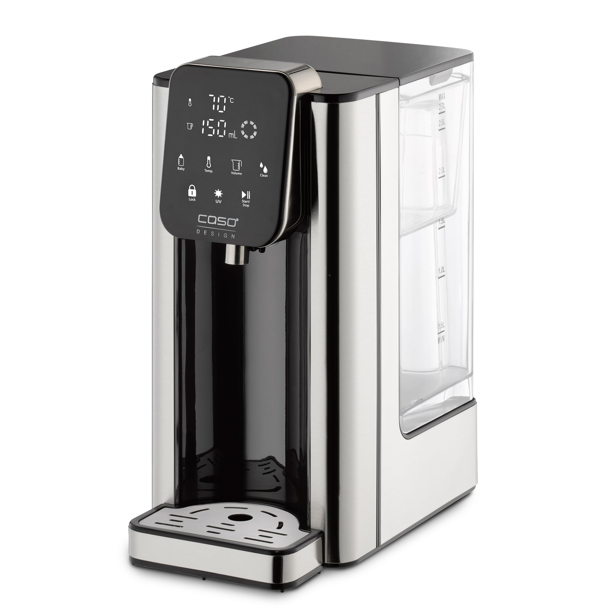 CASO HW 666 Inox UV - Distributore di acqua calda con tecnologia UV, purificazione dell'acqua igienica per alimenti per bambini, 40-100°C, 2600 Watt, 2,7 litri, risparmio energetico, elemento