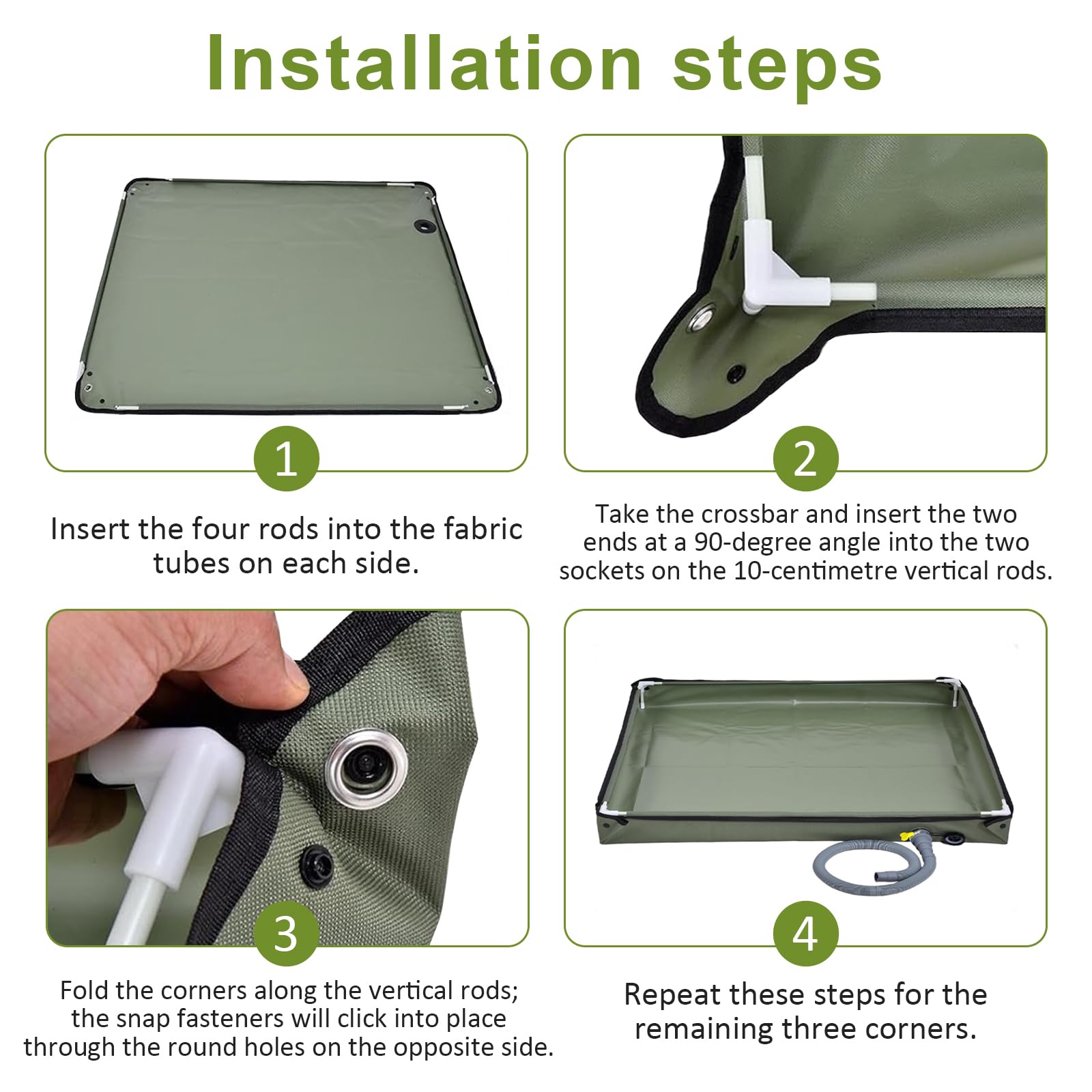 Piatto doccia portatile, pieghevole, per campeggio, con tubo di scarico, 80 x 80 x 10 cm, resistente tessuto Oxford, impermeabile, tenda da sole, da campeggio, per doccia all'aperto (verde militare)