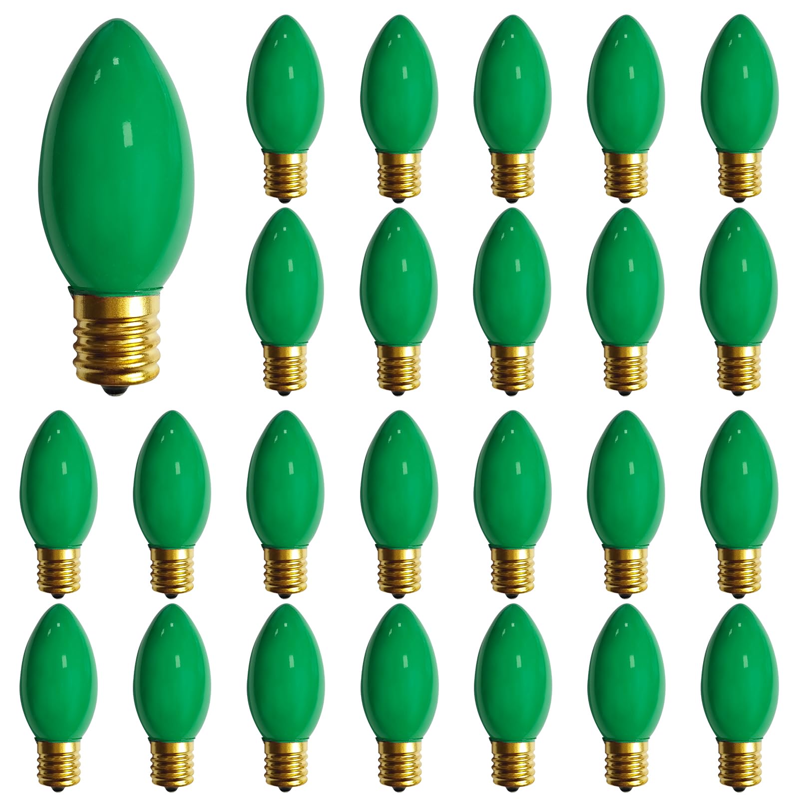 C9 Green Christmas Light Bulbs, 25 Pack C9 Incandescent Replacement Bulbs for Christmas String Light, Candle Lamps, E17 Intermediate Base, 7Watt Night Lights Bulbs