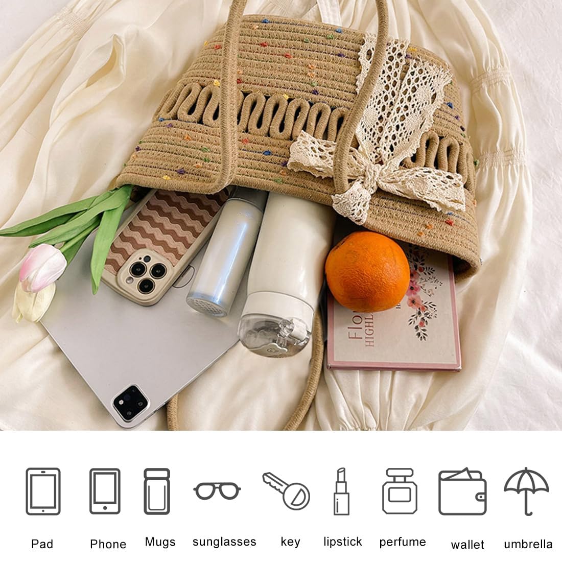 Pahajim Sac Cabas Femme Sac Fourre Tout Sacs a Main Crochet en Corde de Coton Chic Sacs Panier avec Fermeture Éclair pour Voyage Vacances