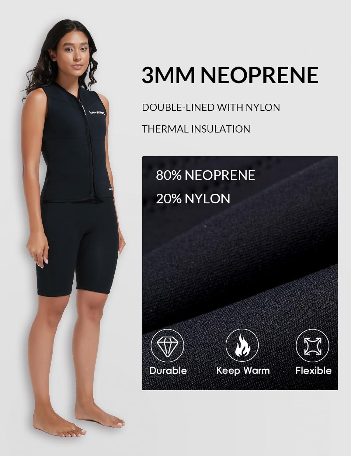 Lemorecn Wetsuit Top Women, 3mm Sleeveless Neoprene Wet Suit Tops Jacket Front Zip Diving Vest for Water Sports - Image 2