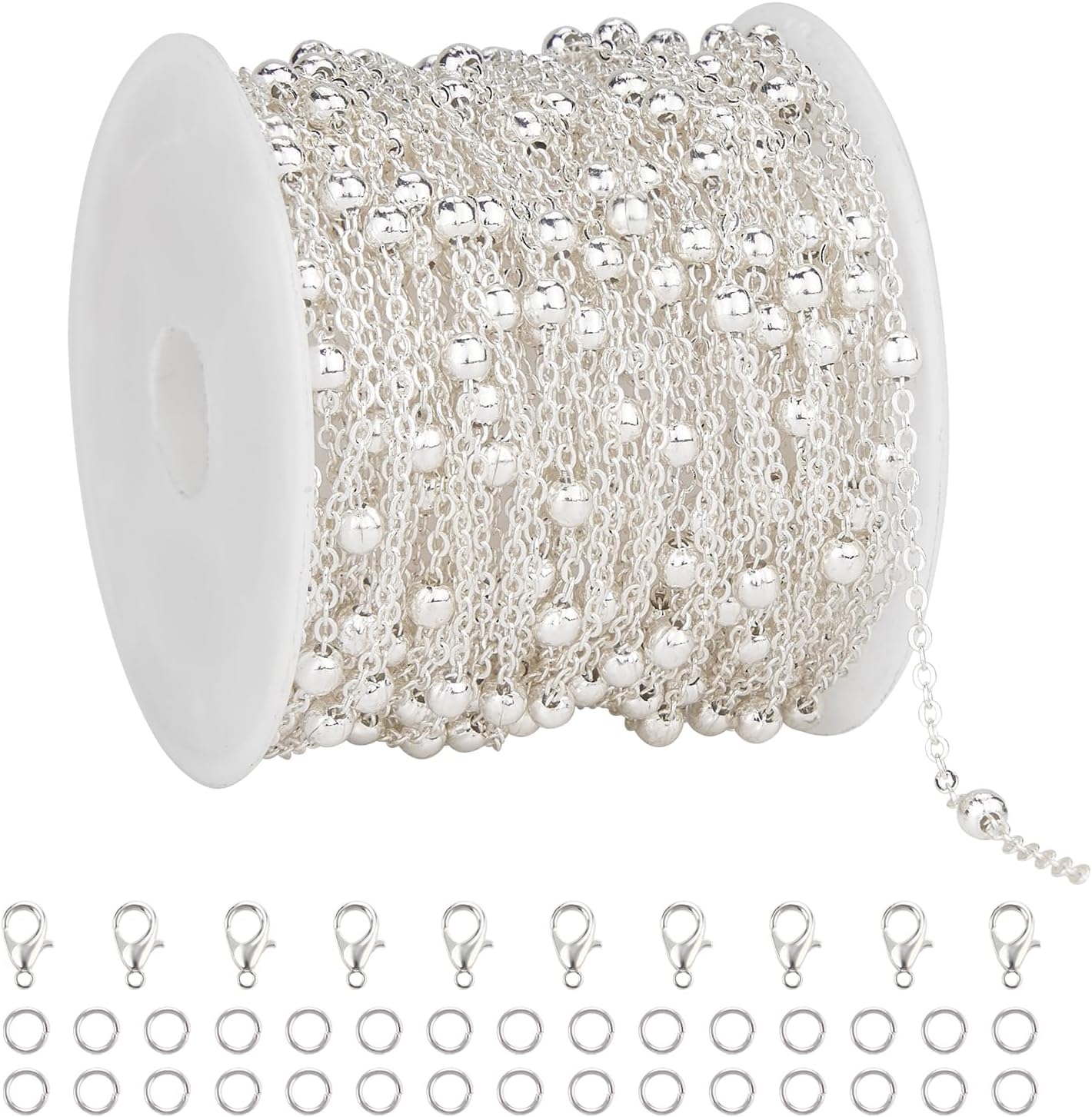 KYUNHOO 32.8 Feet Beaded Chain for Jewelry Making Thin Cable Chains Bulk Silver Jewelry Supplies for Women Men DIY Handcrafts with Lobster Clasps Jump Rings