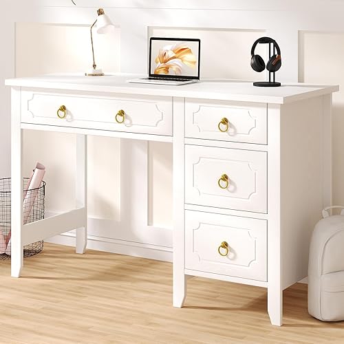 Catrimown - Escritorio para computadora de 45 pulgadas en color blanco con 4 cajones, escritorio pequeño para escritura y estudio, escritorio de