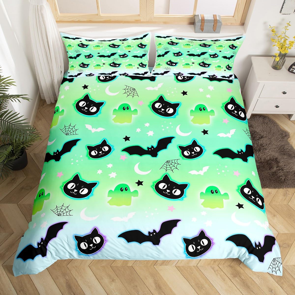 Happy Halloween Duvet Cover Super King Size,Cute Ghost Bat Network Comforter Cover for Kids Teens Adults Bedroom Decor,Cat Head Moon Stars Green Bedding Set 2 Pillowcases,No Comforter