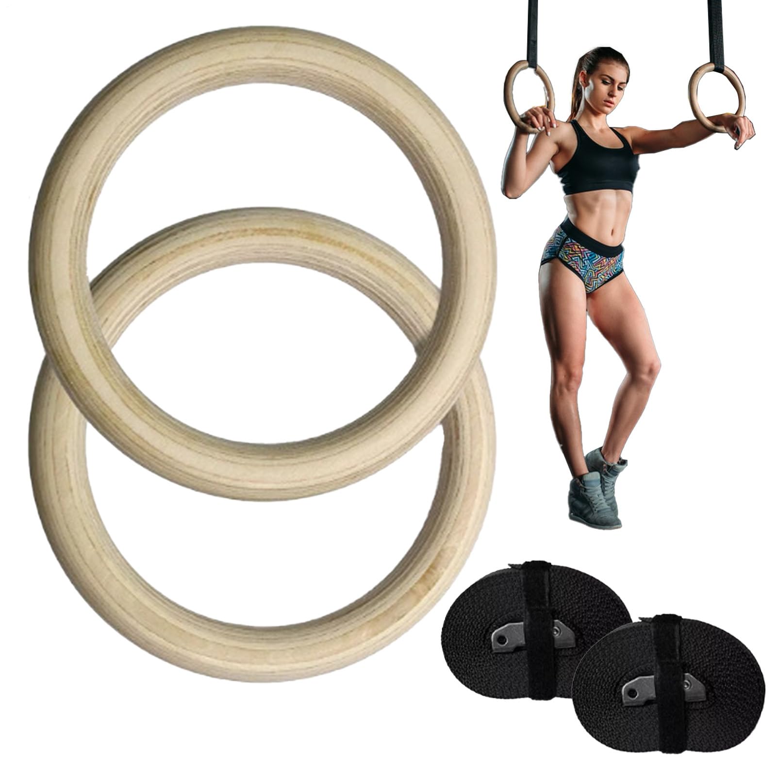 Anelli da allenamento – Anelli da ginnastica in legno ABS, robusti anelli per trazioni, anelli fitness | cinghie regolabili con fibbia per allenamento a corpo libero, casa, palestra, aerobica, set di