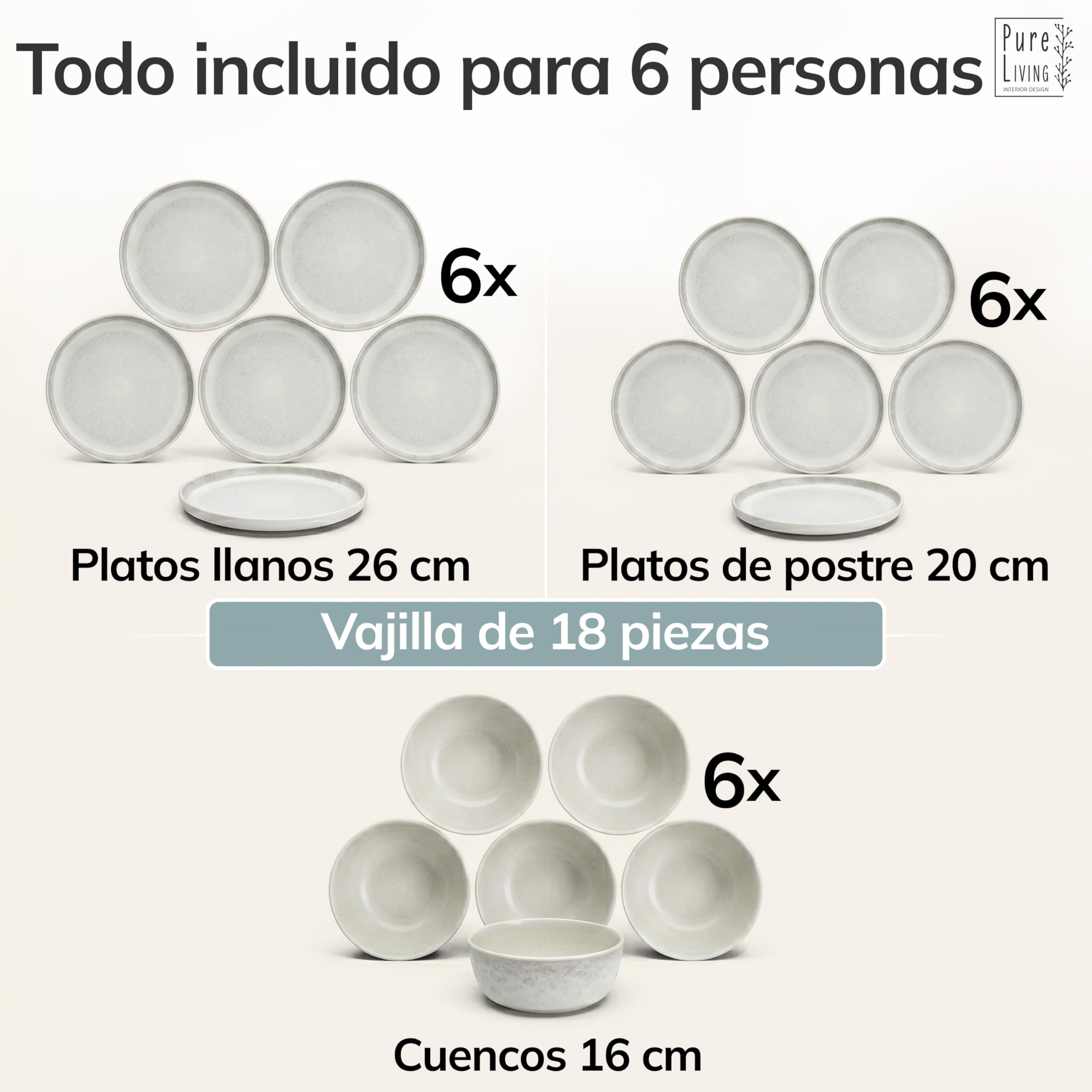Juego de Vajilla de Steingut Ibiza para 6 Personas - 18 Piezas, Set de Vajilla para Lavavajillas y Microondas - Moderno Juego de Platos - Servicio de Pure Living en beige claro
