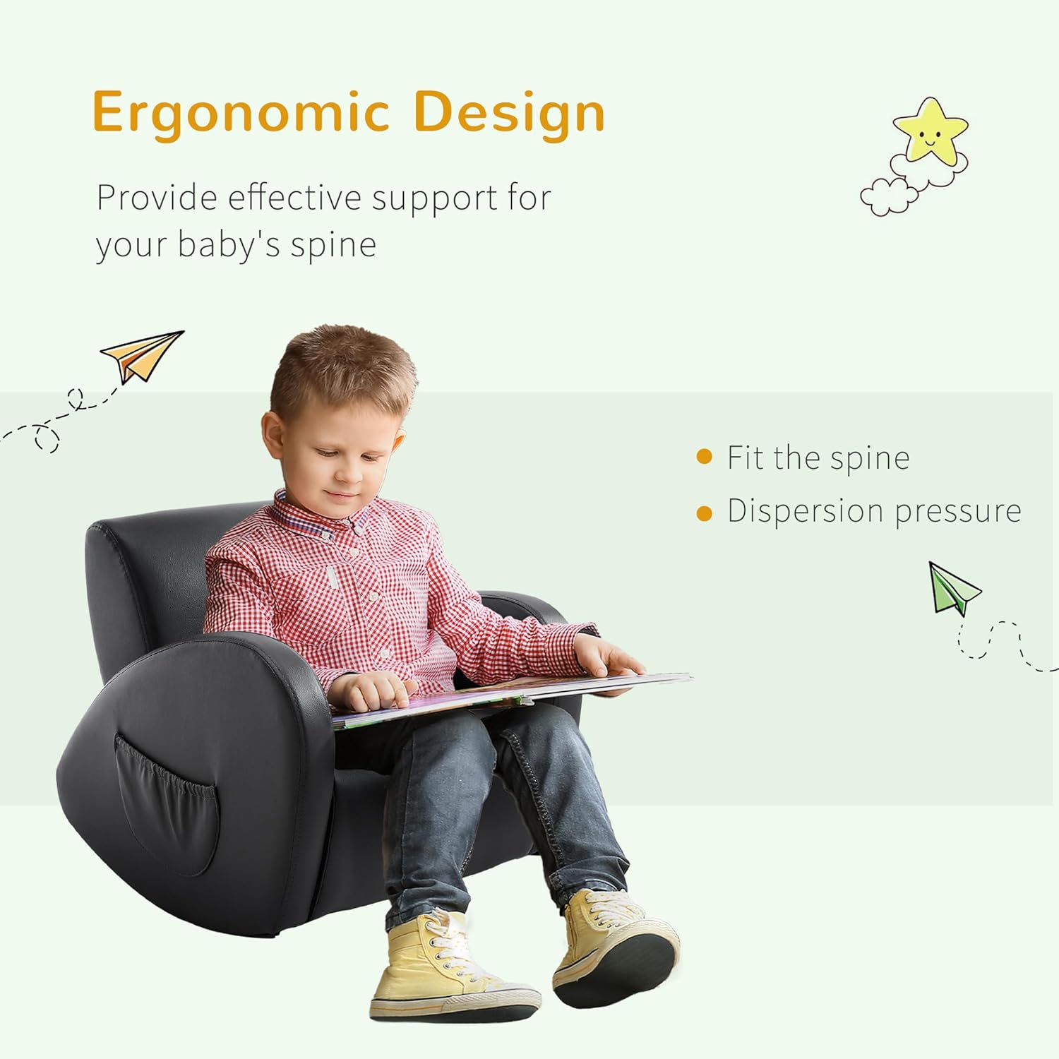 Sofa Rocking Chair with Side Pocket, PU Leather Toddler Armchair for Children Grey