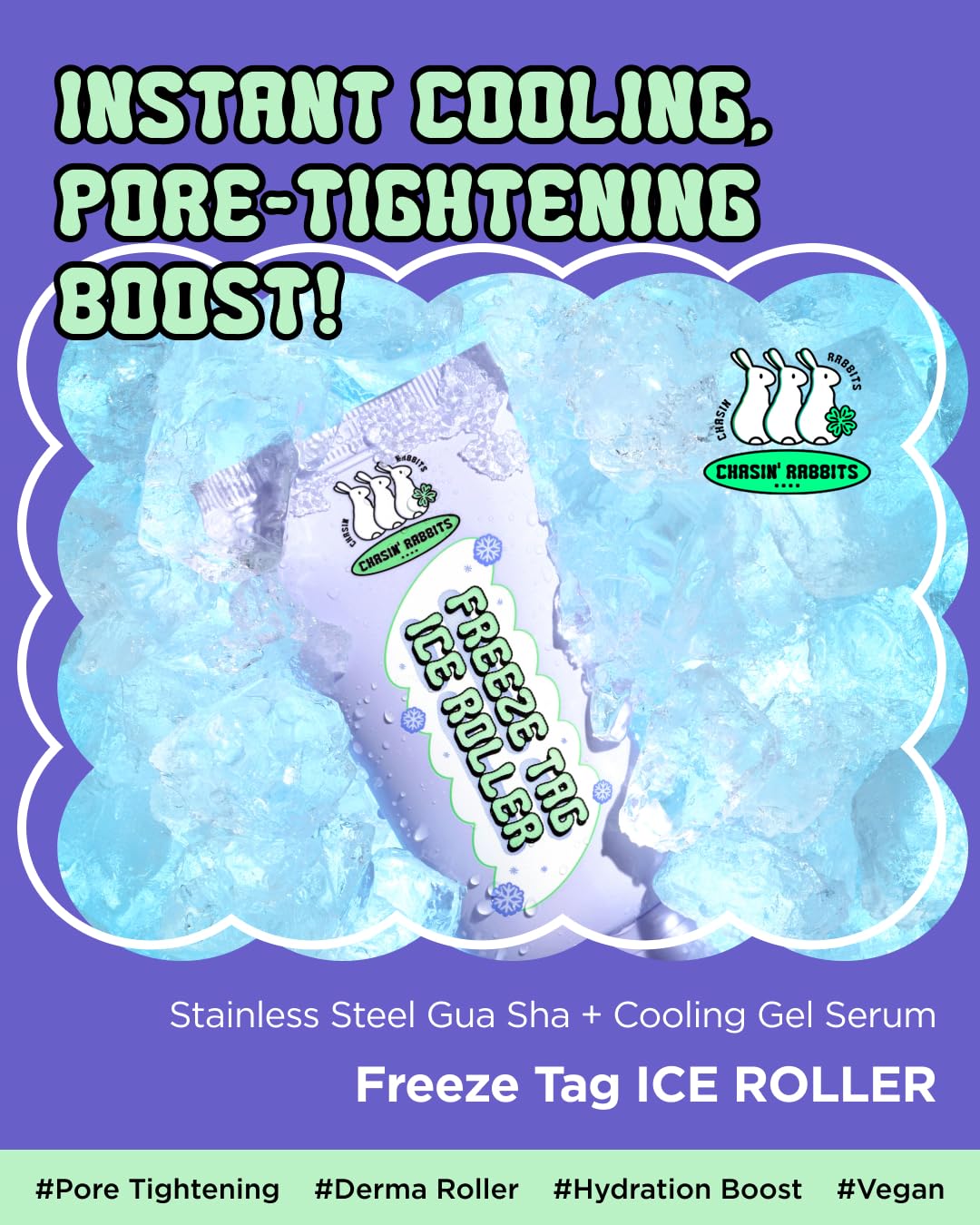 CHASIN' RABBITS Freeze Tag Ice Roller 1.69 fl.oz, Cold Face Roller, Pore Tightening, Skin Firming, Derma Roller, Stainless Steel Gua Sha Gel Serum, Hyaluronic Acid, Corn Mint Extract, Korean Skincare - Image 2