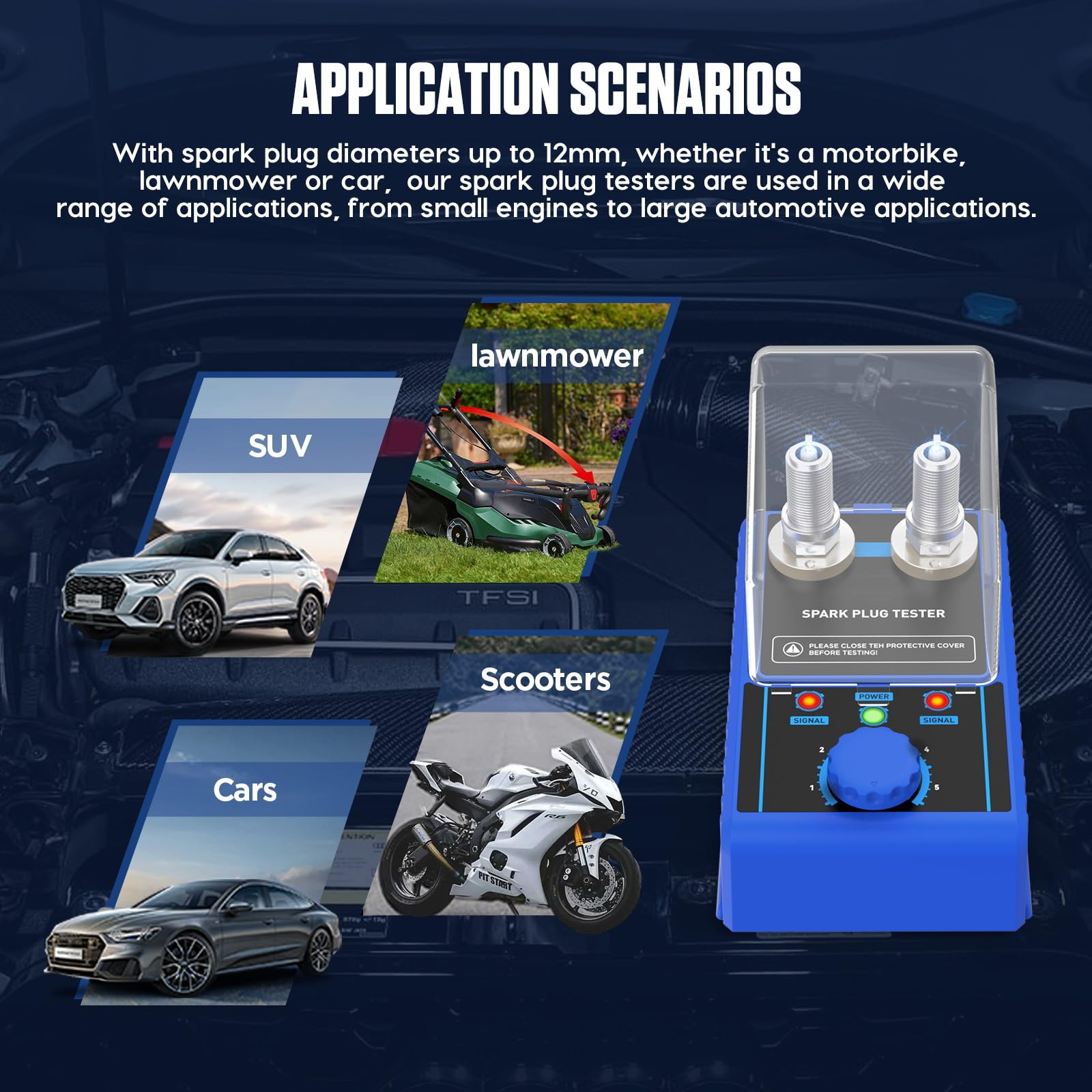 PLAYOCCAR Tester per candele Accensione 220V - Rivelatore Candele per Auto a Doppio Foro per Candele da 12 mm, Frequenza Regolabile 0~6000RPM con Coperchio Protettivo Veicoli a 12 V.