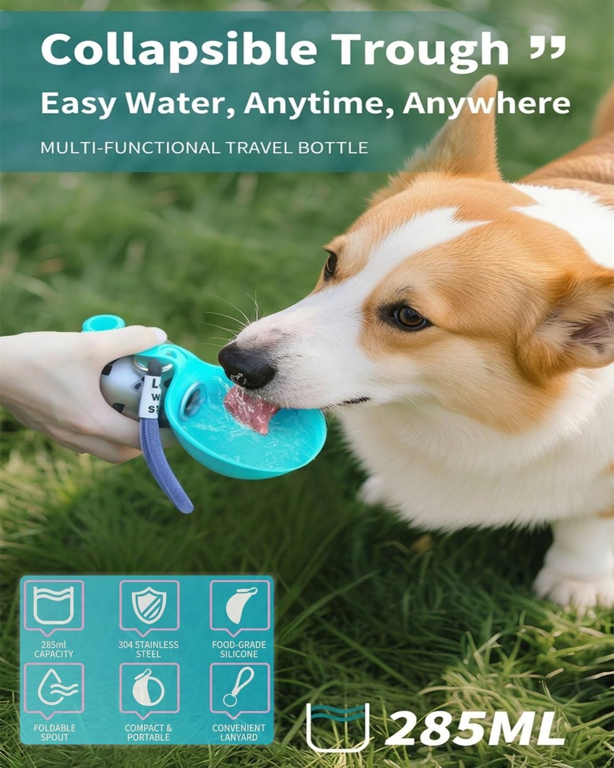 Dog Water Bottle with Bowl 2-in-1 Portable Leak Proof 10 OZ Puppy Travel Drink Dispenser for Large Medium Small Breeds Stainless Steel Hydration Tumbler Buddy Cup for Dogs Pets Outdoor(2Blue B)