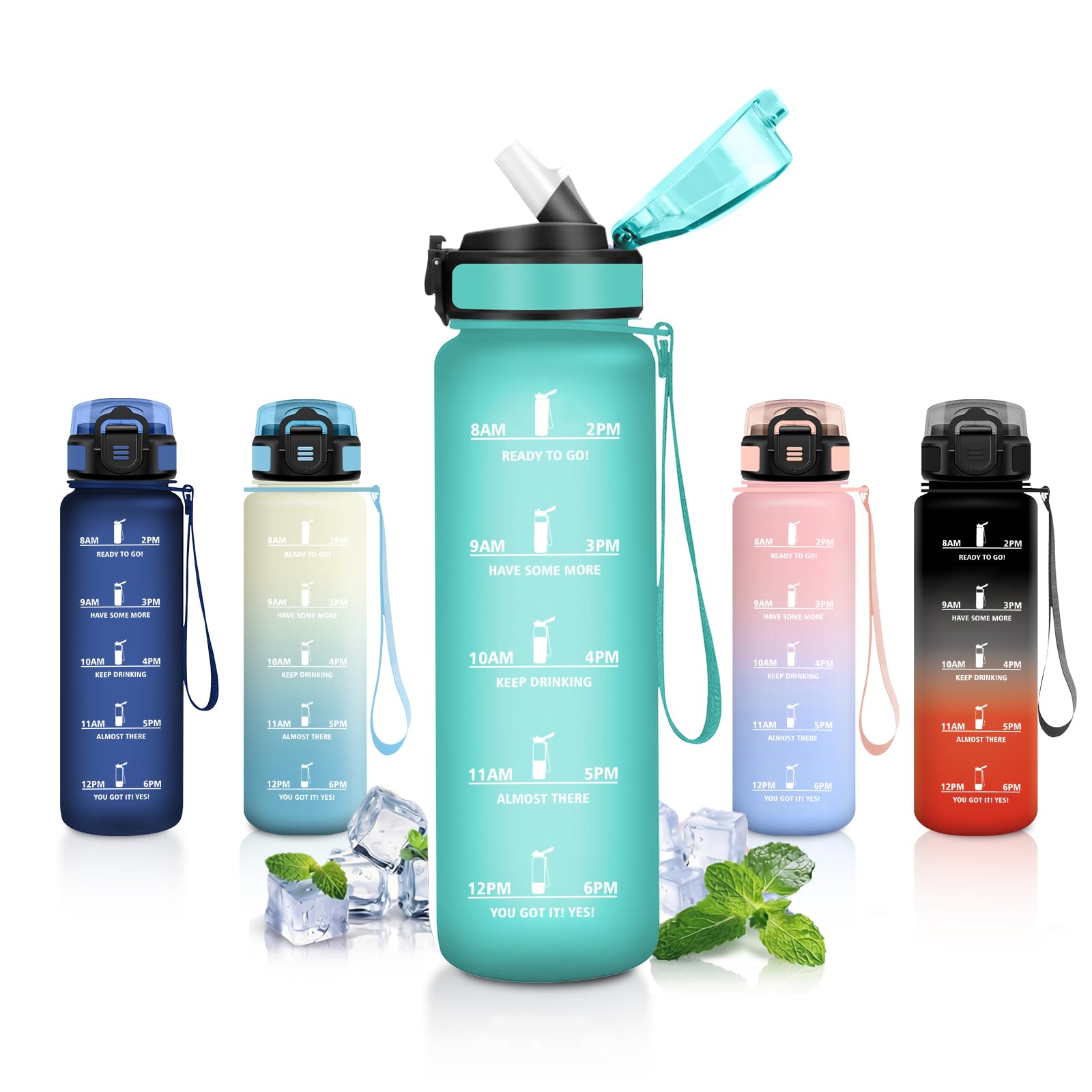 JAPORIA 1L Motivational Water Bottle with Straw, Leak-proof Leak-proof Water Bottle with Time Indicator, Sports Water Bottles for Camping, Running, School, Office