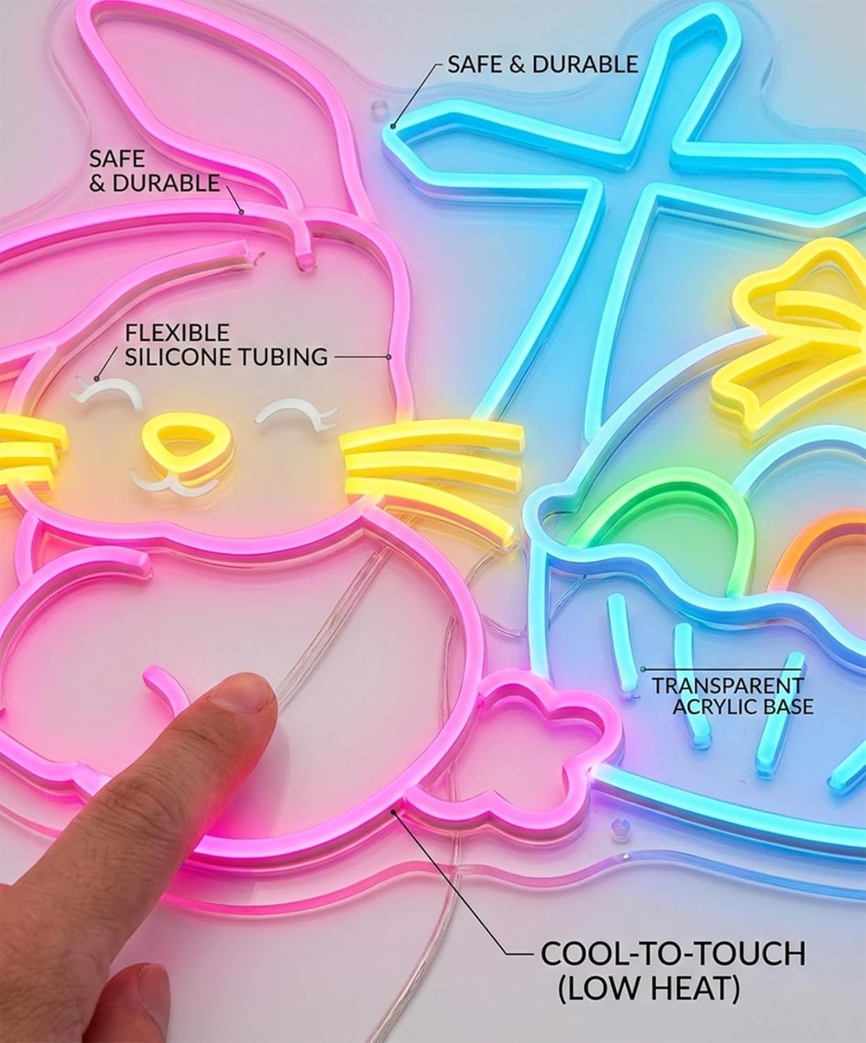 Easter Bunny Cross Neon Signs for Wall Decorations, LED Easter Rabbit Egg Basket Lights Gifts Christian Wall Art USB Dimmable, Colorful Neon Window Lights for Party Bedroom Office Door Bar Church