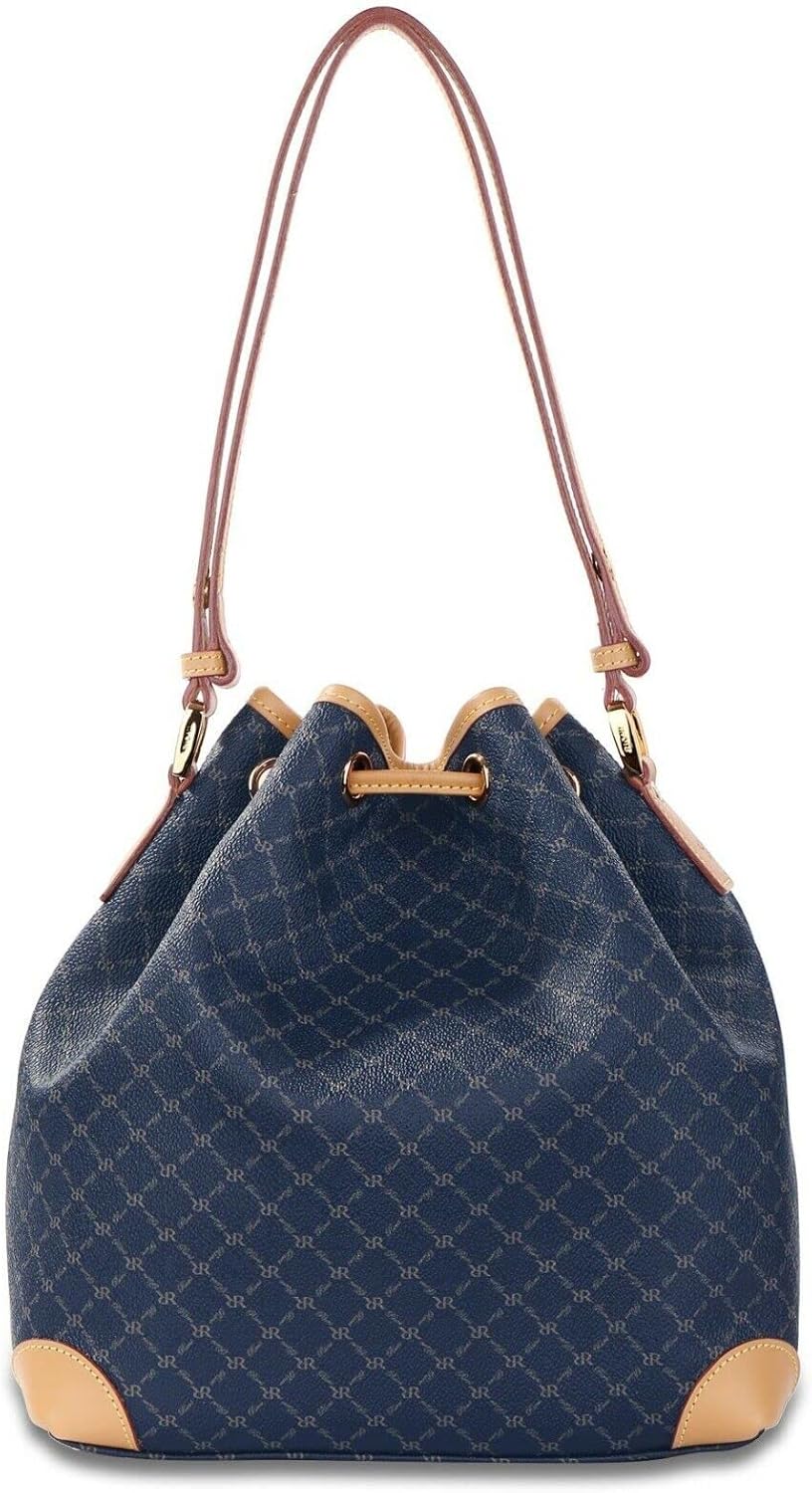 Rioni STA-20089 Designer Signature Navy Blue Canvas Leather Drawstring Bucket Bag Shoulder Bag