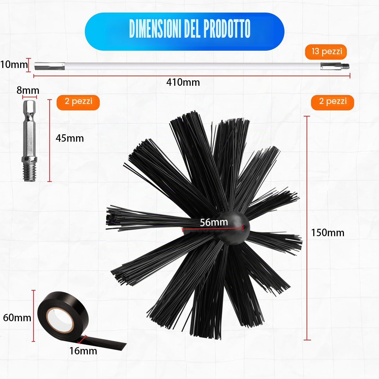 Spazzacamino Kit Pulizia Canna Fumaria Pellet 150 mm 13 Pezzi