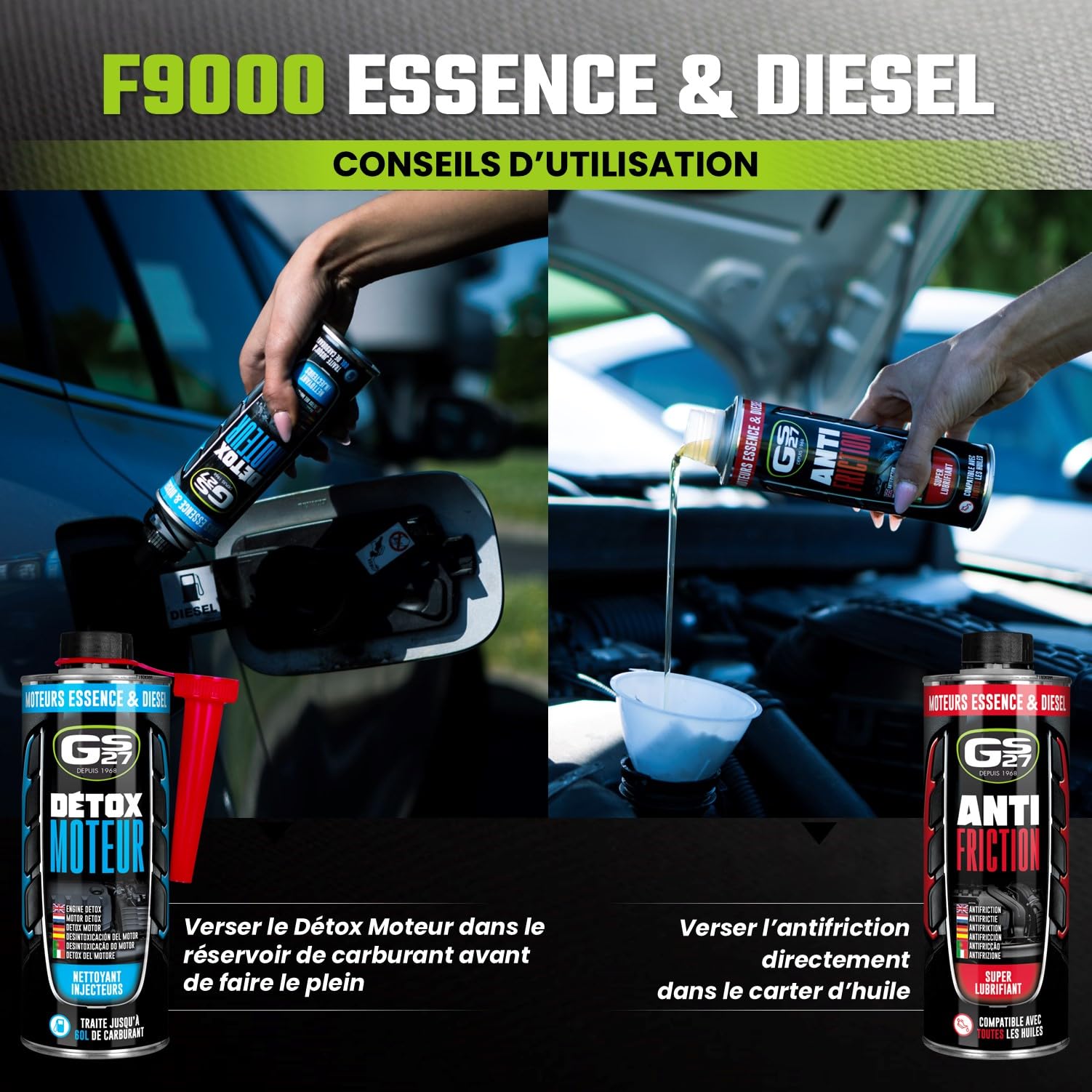 GS27 - F9000 – Traitement Moteur Essence & Diesel 2-en-1 – Décrassage Injection + Antifriction Huile – Action Préventive & Curative – 2 x 300 ML