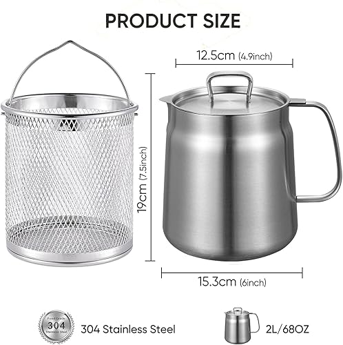Miniatura 5 de Olla de filtro de aceite de acero inoxidable de 68 onzas con colador extraíble, protector de grasa de tocino, recipiente grande de aceite de cocina