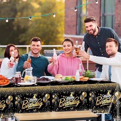 Miniatura 2 de Decoraciones de feliz cumpleaños, mantel dorado y negro, fundas rectangulares de plástico desechables para hombres y mujeres, fiesta de cumpleaños