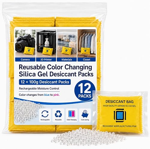 12×100g Reusable Color Changing Silica Gel Desiccant Packs, Rechargeable | Moisture Control，Rechargeable，Reusable，Color Changing，Multi-scene storage use，Compact & portable，Cost-saving