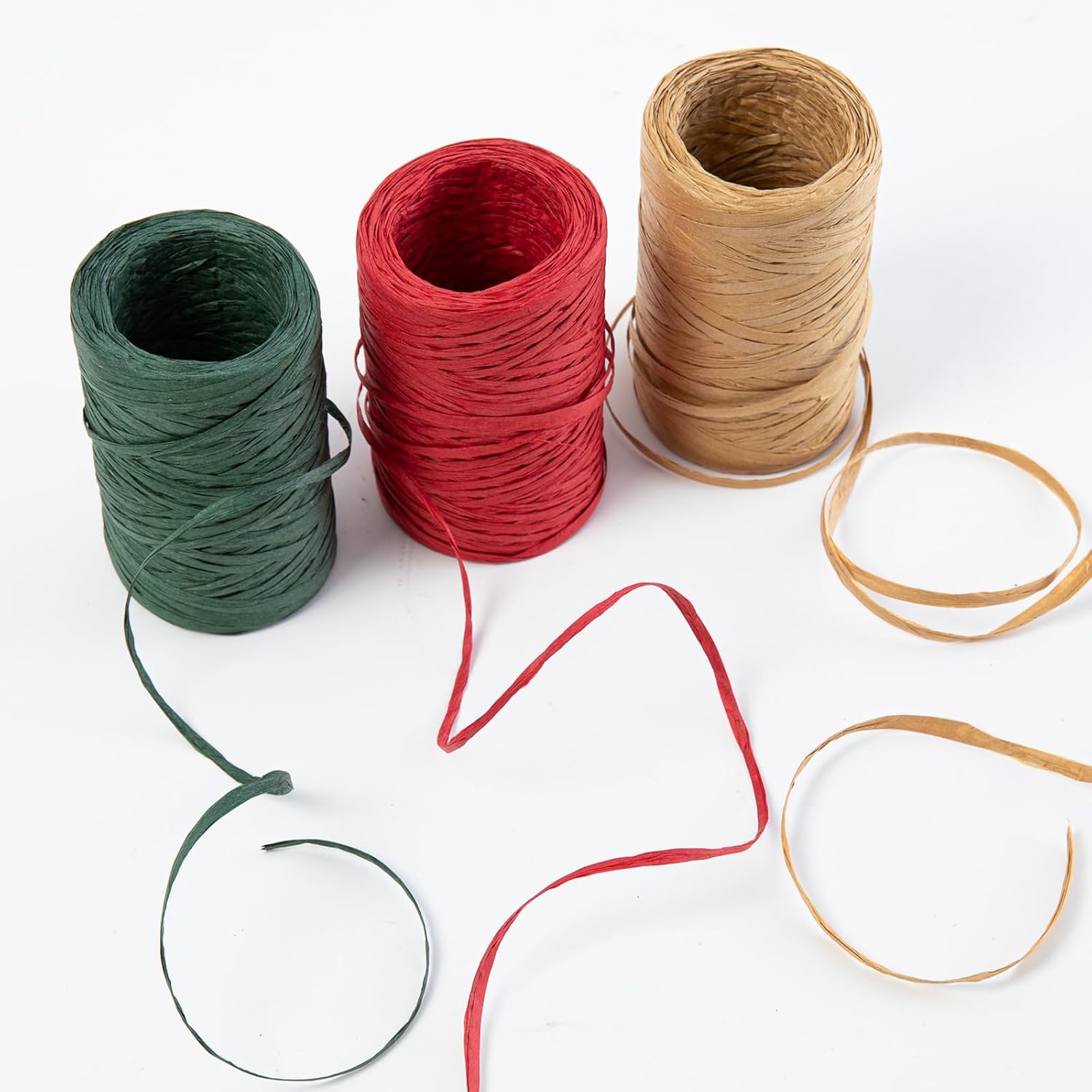 3 Roll Raffia Ribbon 984ft Raffia Paper Ribbon Red Green Kraft Raffia Paper Twine Wrapping Ribbon for Christmas Gift Wrapping DIY Craft Supply（328ft Each Roll）