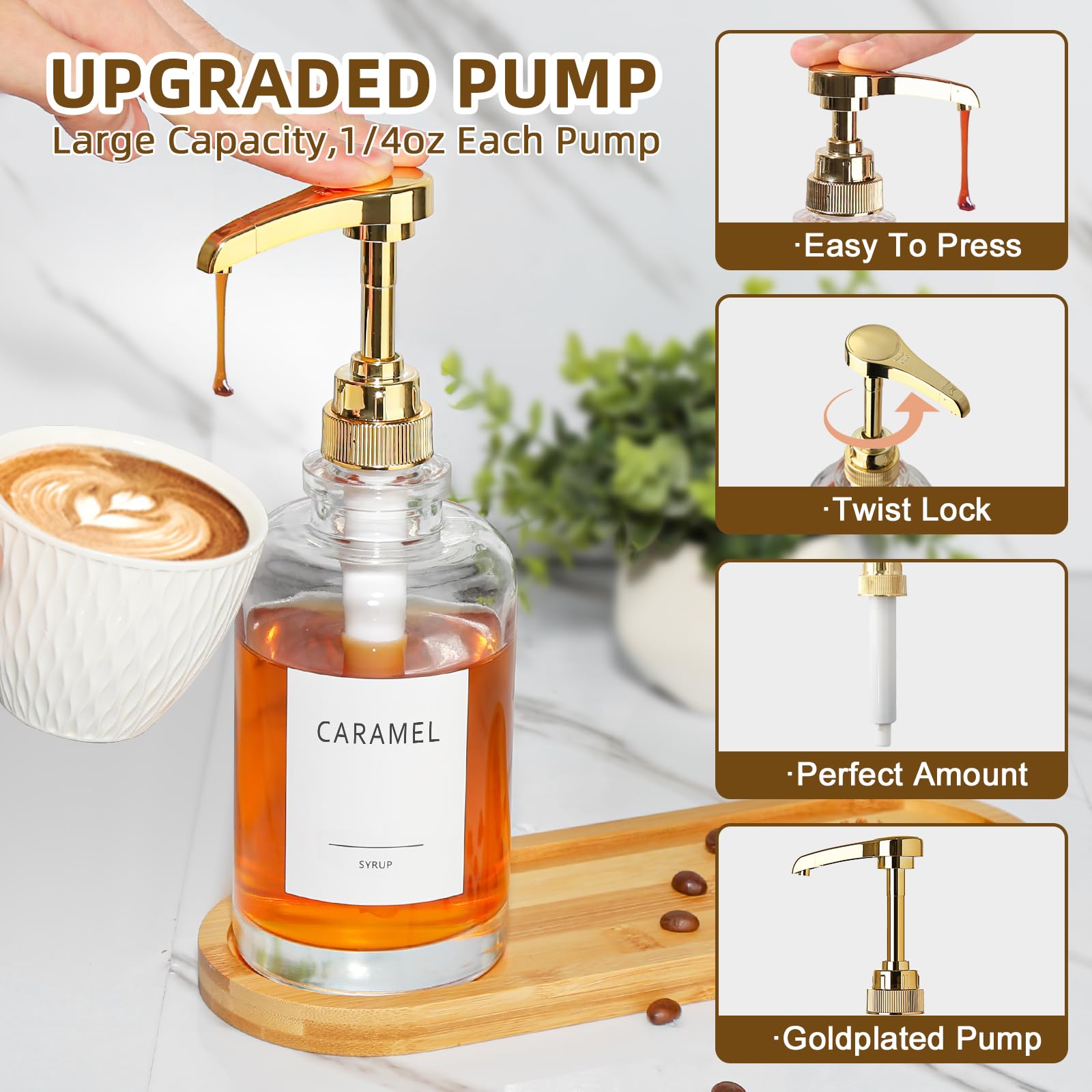 Dispensador de jarabe de café, dispensador de bomba de jarabe de vidrio para accesorios de barra de café, botellas de jarabe de arce con bandeja, botellas de jarabe simples con bomba dorada