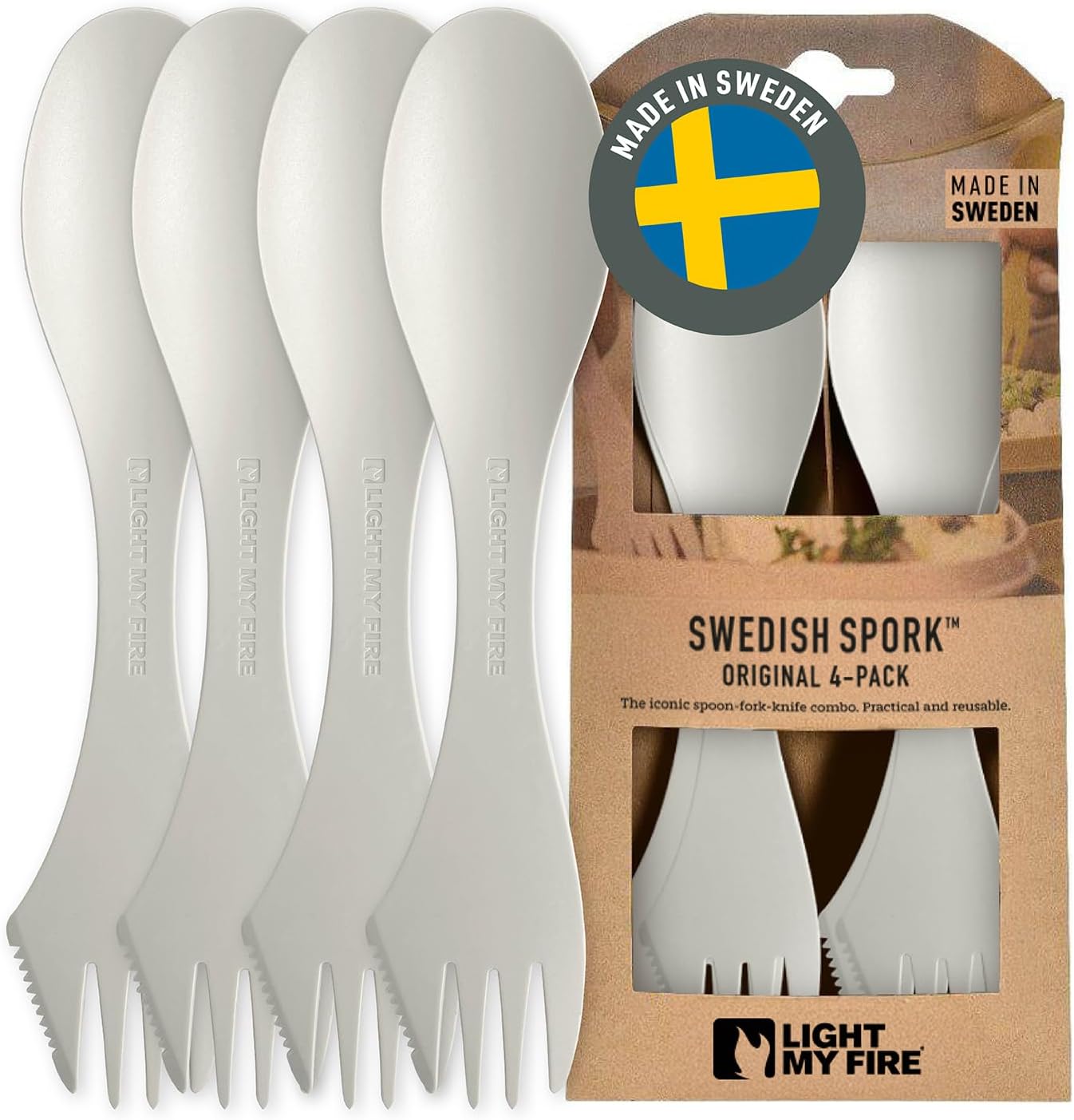 Light my Fire Spork Original 3-in-1 Camping Cutlery Knife Fork Spoon Set Survival Gifts for Scouts Camping Accessories Sporks Reusable Travel Cutlery Set 4-Pack Cream
