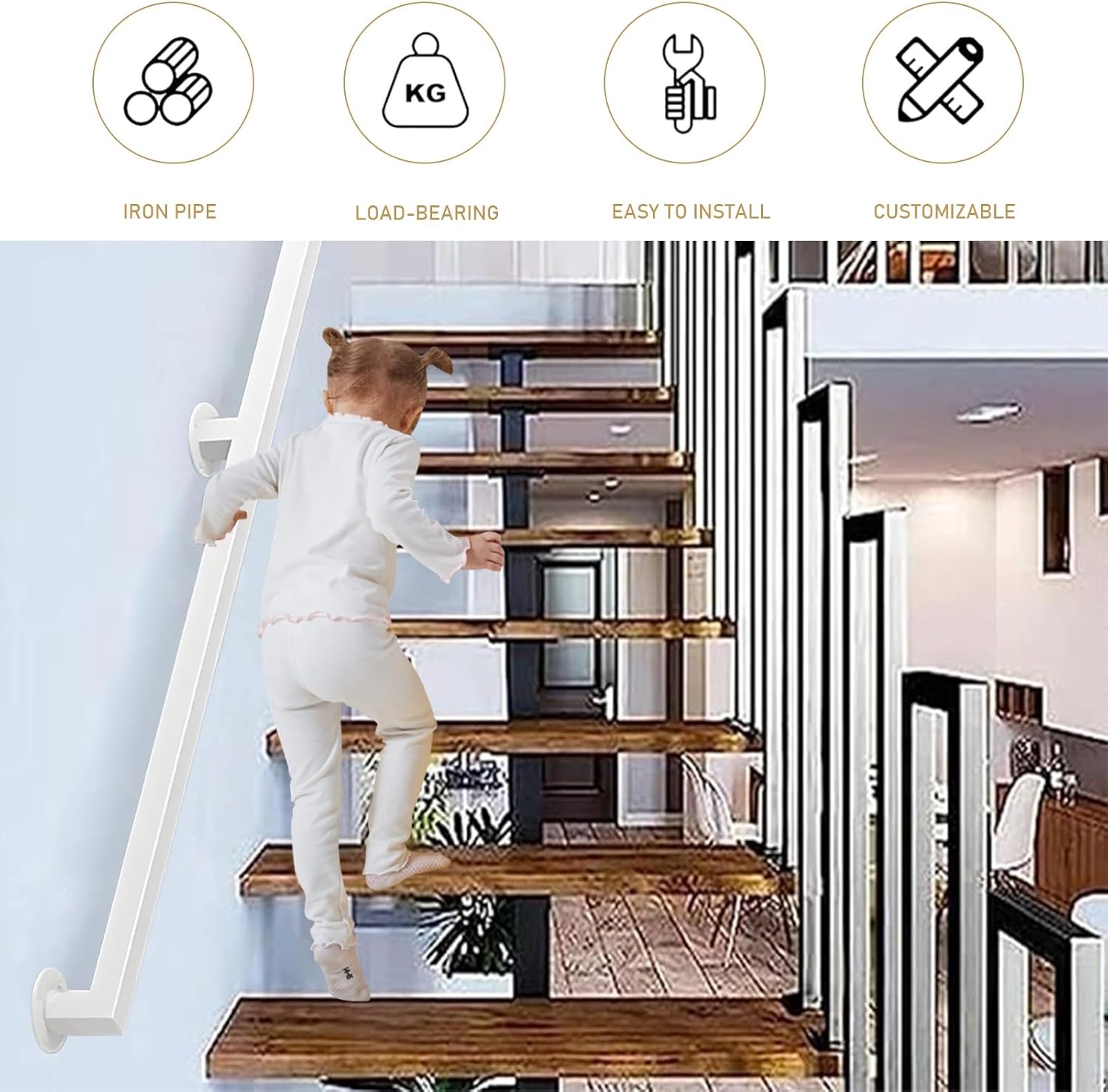 Modern White Handrail for Stairs, Staircase Banister Hand Rails for Indoor Outdoor, Wall Mount Staircase Railing with Metal Wrought Iron Brackets, White(5 FT)