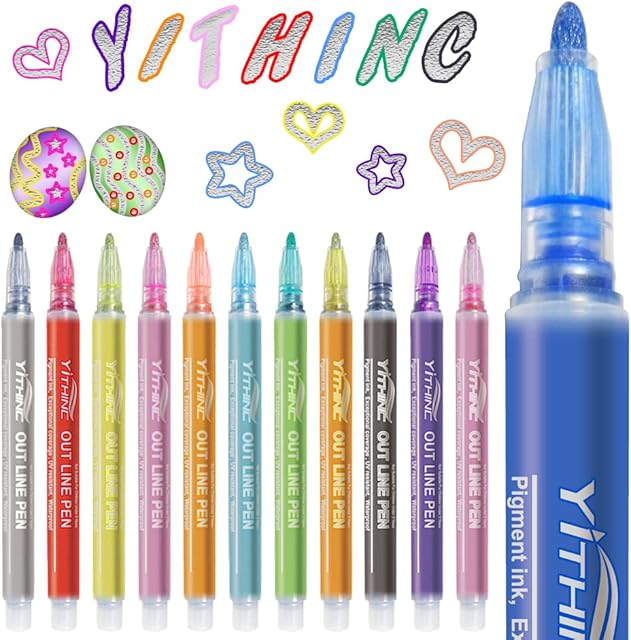 YITHINC Outline Marker Pens,12 Colours Metallic Markers Glitter Pens,Doodle Dazzle Markers for Card Making,Birthday Gifts,Girls Gifts,Gifts for Teenage Girls