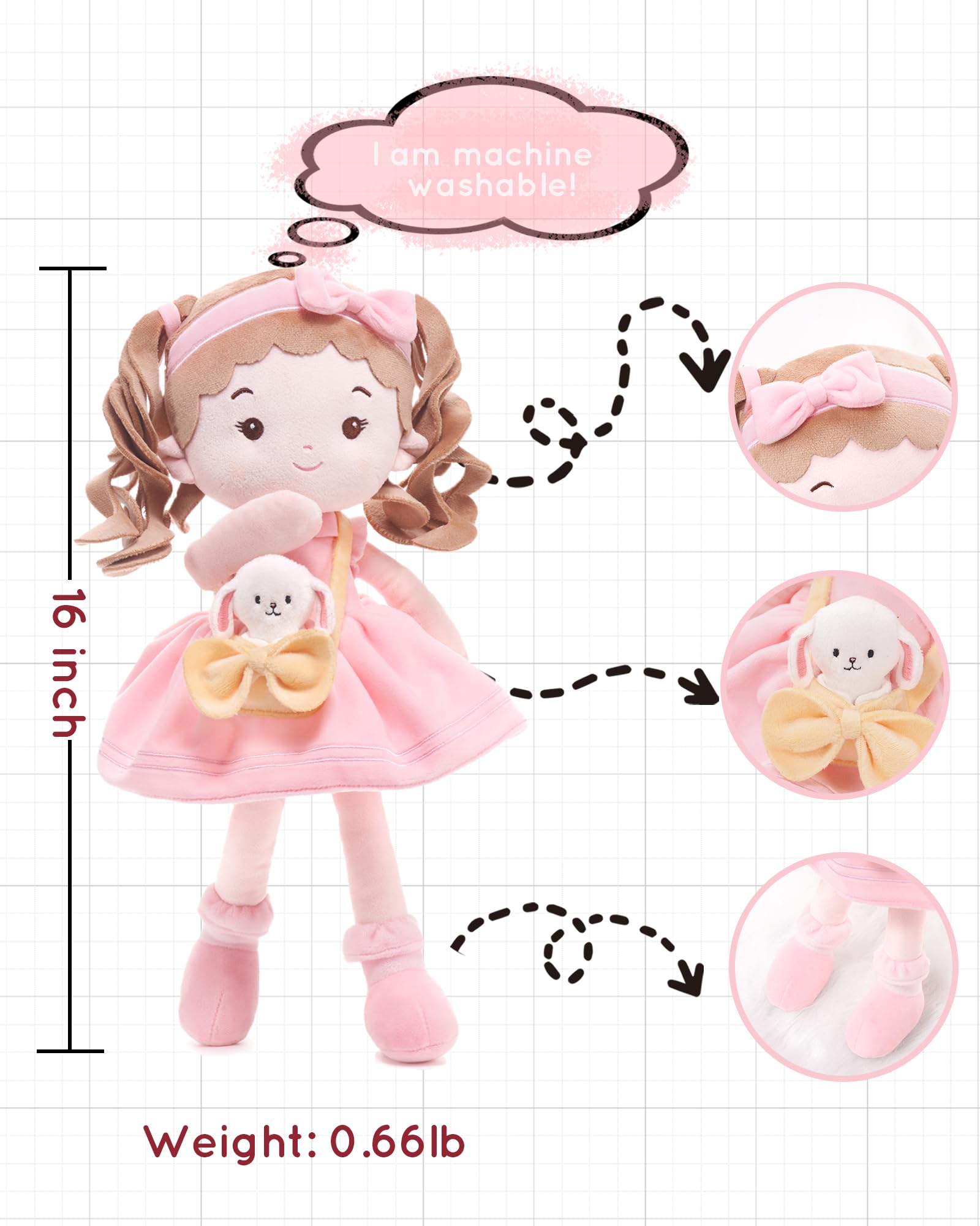 LeyaDoll Muñeca de Trapo Suave para bebés (40 cm) – Mi Primera muñeca para niña de 1 año, Regalo de cumpleaños y Navidad, Peluche para niños pequeños y bebés Milly and Her Pet Bunny