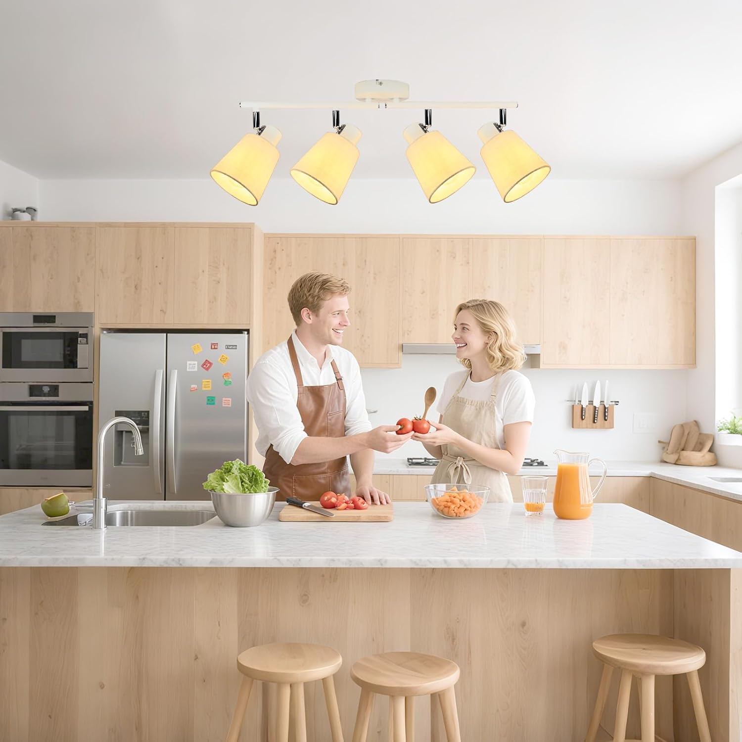 LTBLIGHT 4-Light Track Lighting Kit, Modern White Linen Ceiling Spotlights Fixture, Flexibly Rotatable Track Lighting for Kitchen Living Room Bedroom, E26 Base(Bulb Not Included)