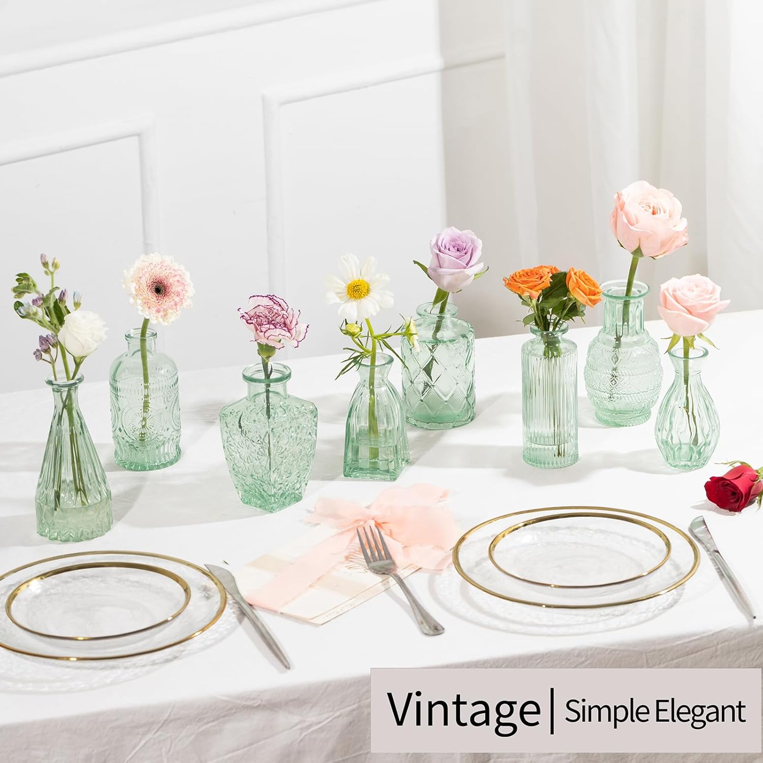 Vintage Small Glass Vases Set of 10,Mini Bud Vases for Flowers,Amber Glass Vases for Centerpieces,Wedding Decorations,Home Table Flower Decor(Sage Green) - Image 5