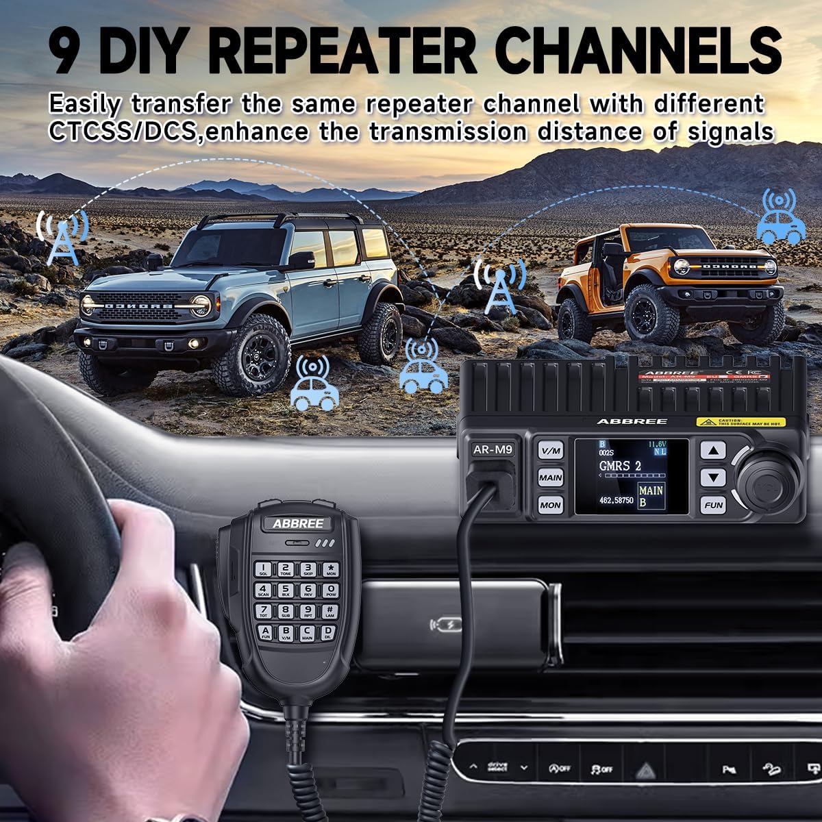 Image illustrating GMRS repeater channels extending communication range between vehicles in a desert environment