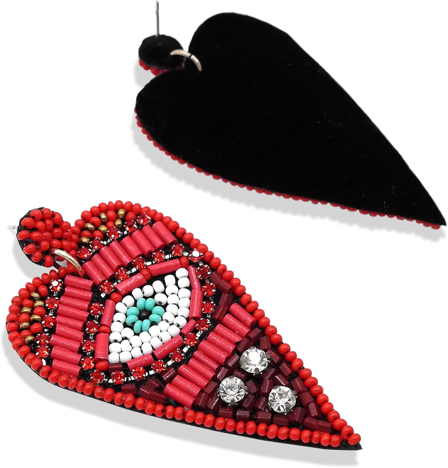 Heart Shape Beaded Evil Eyes Drop Earrings, Women Fashion Jewelry (Red)