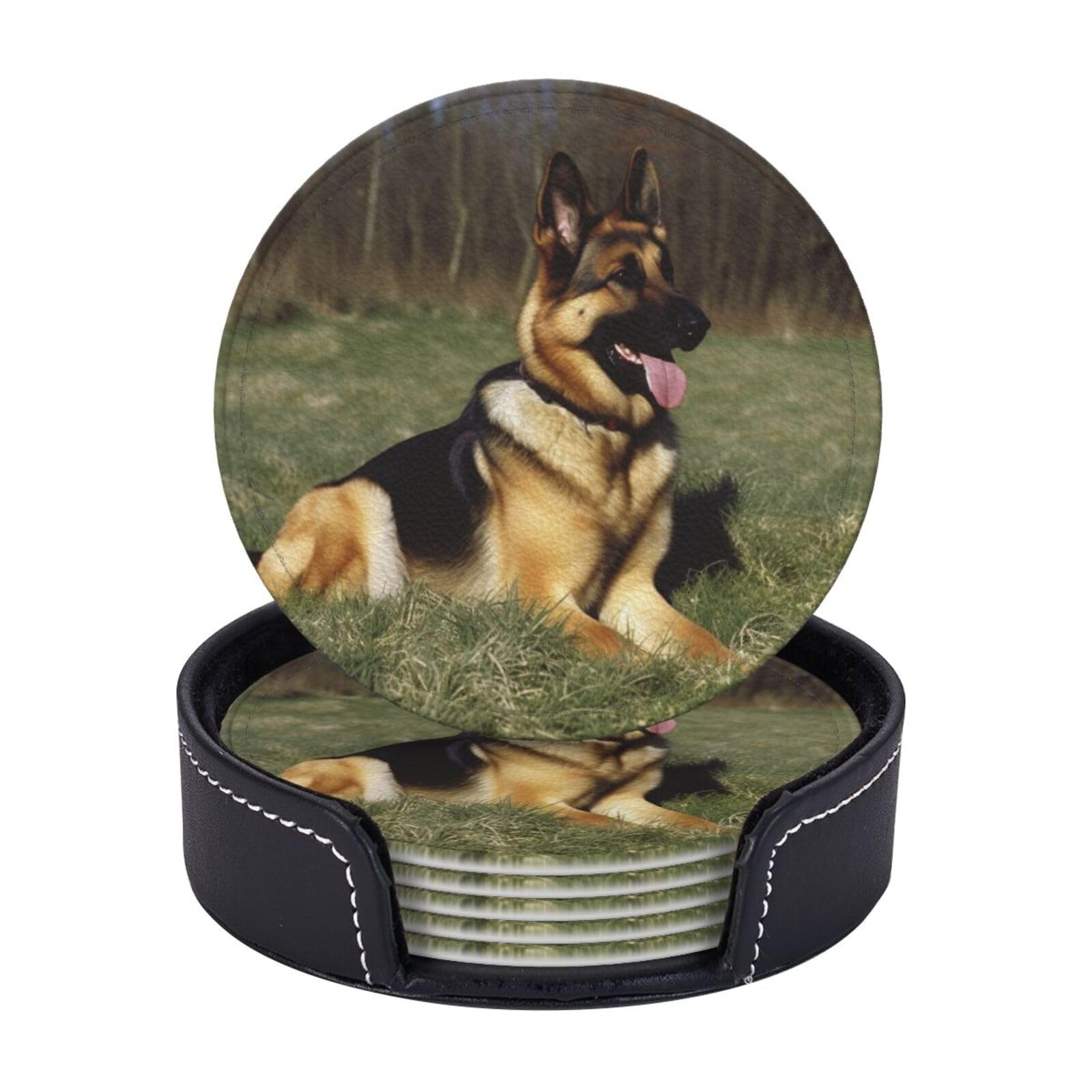 Round Coasters for Drinks Set of 6 - PU Leather Coasters with Holder - Modern Drink Coasters for Coffee Table - German Shepherd Dog Coaster for Tabletop Protection 4" Cup Mat Pad