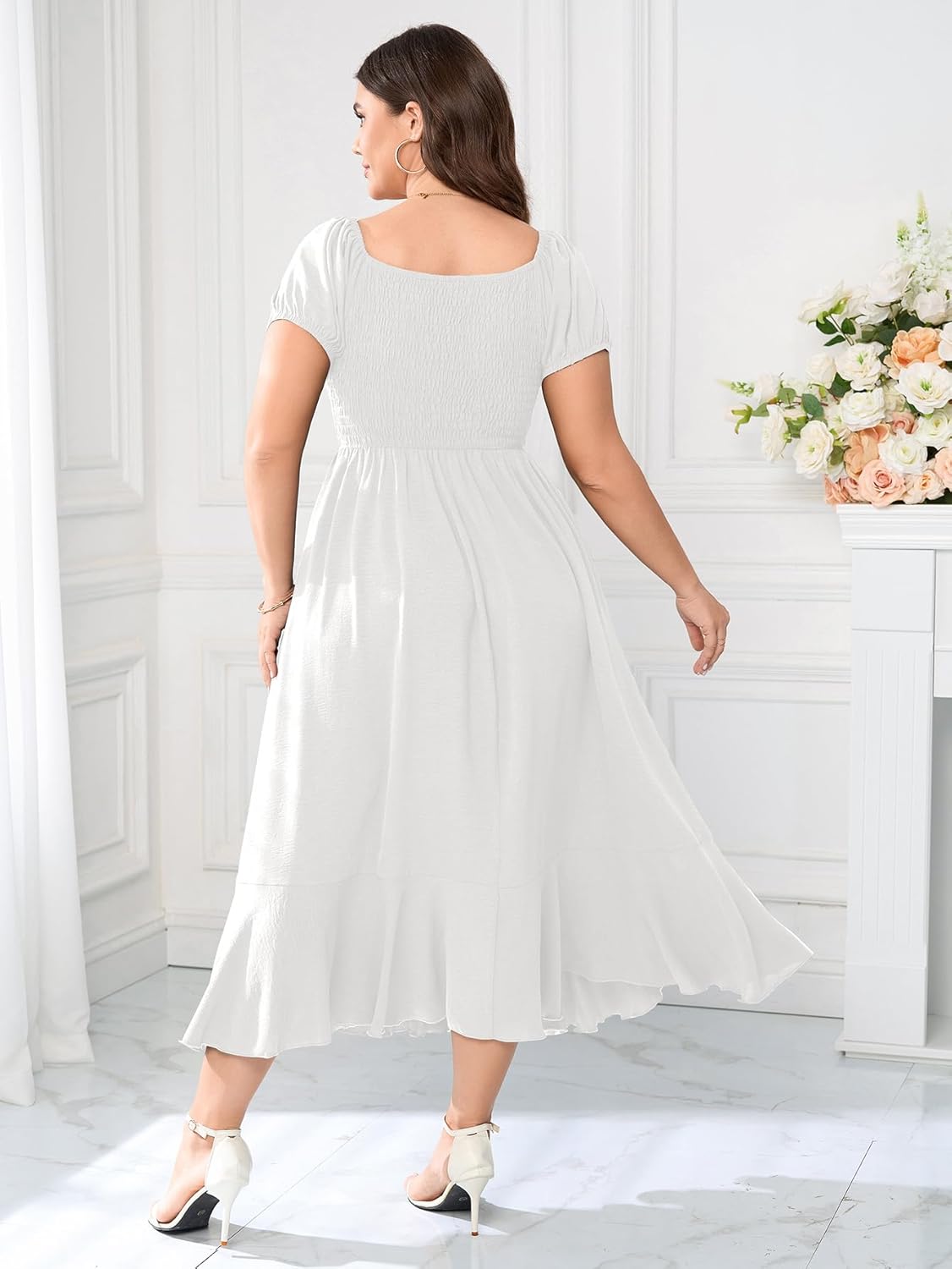 SCOMCHIC Womens Plus Size Summer Maxi Dress Ruched Front Square Neck Smocked Flowy A Line Formal Wedding Guest Dresses - Image 5