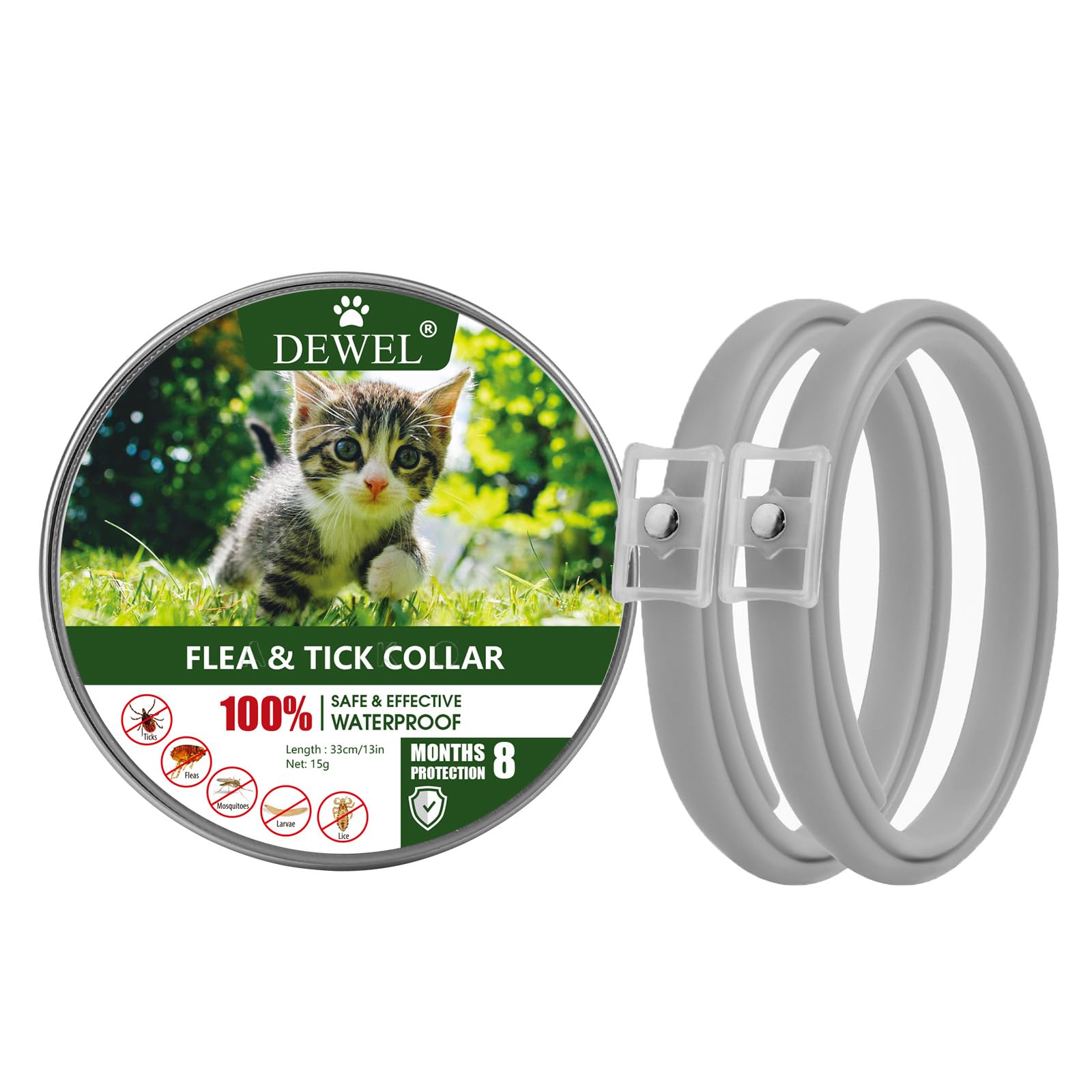 DEWEL Set de 2 Collar Gato contra Pulgas, Garrapatas y Mosquitos, Collar Antipulgas y Garrapatas 34,5cm para Gatos y Perros Pequeños y Medianos, 8 Meses de Protección