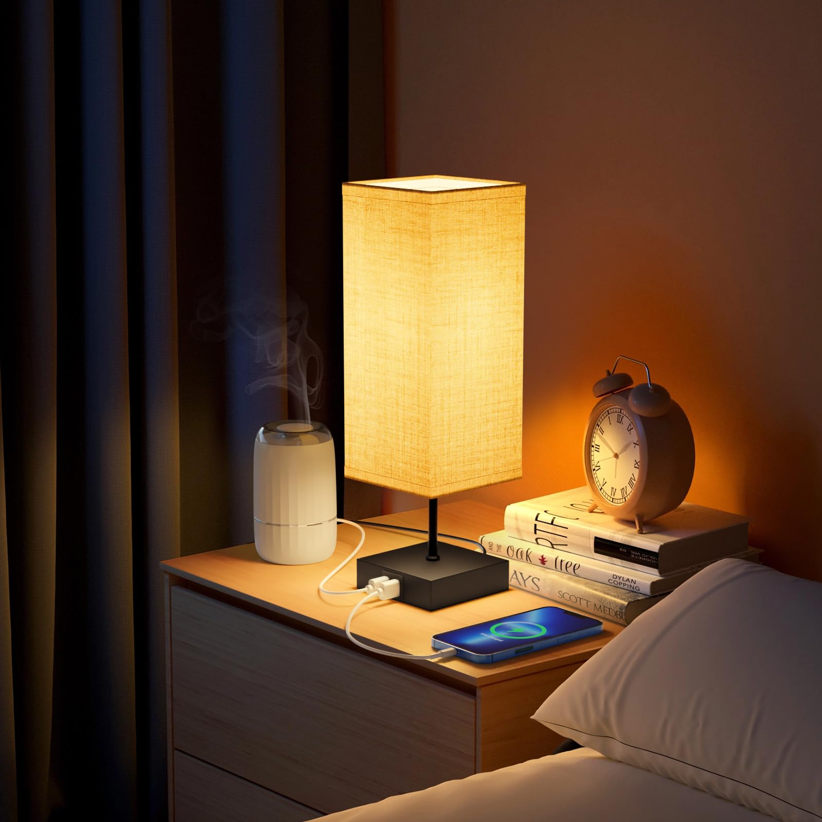 Lamparas de Mesita de Noche, Lámparas de Mesa con 2 Puertos USB de Carga Rrápida, 3 Temperaturas de Color y Regulación Continua, 2 Bombillas E27 de 6W para Dormitorio, Ssalón, Ooficina