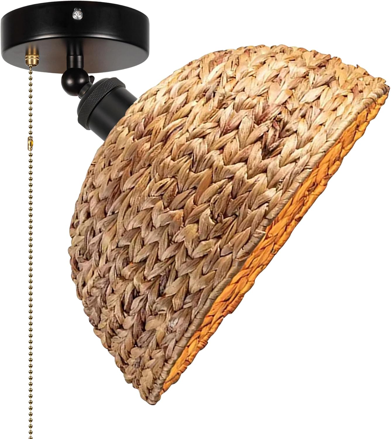 Gimbaled Wall Light, Zipper Switch 12V RV Woven Natural Boho Water Hyacinth Dome Shape, Replaceable 2700K Bulb Included Semi Flush Mount Interior Lighting Decorative for Camper
