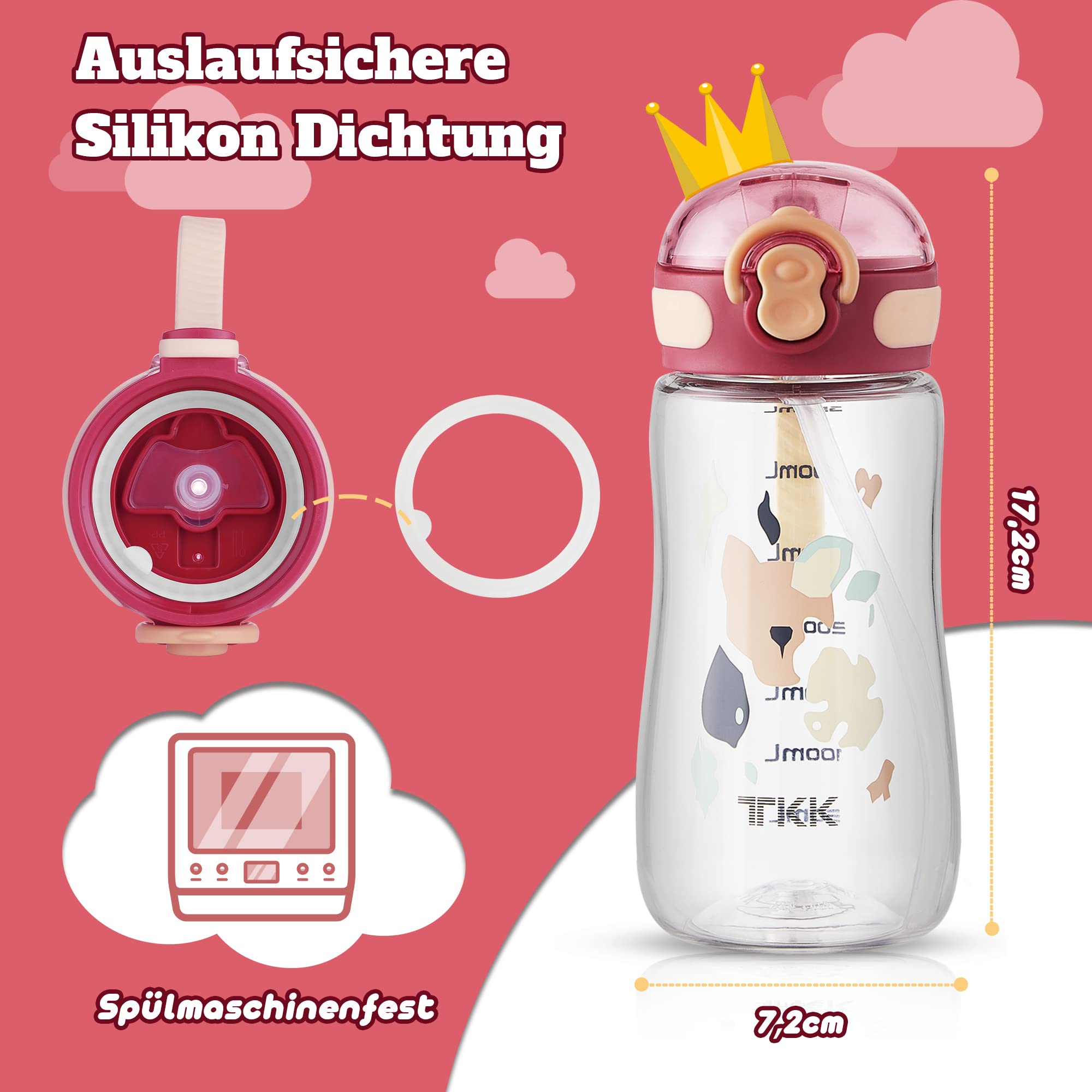 TKK Kinder Trinkflasche 530 Ml Mit Trinkhalm – Auslaufsicher, BPA-frei, Spülmaschinenfest – Für Schule, Sport & Unterwegs